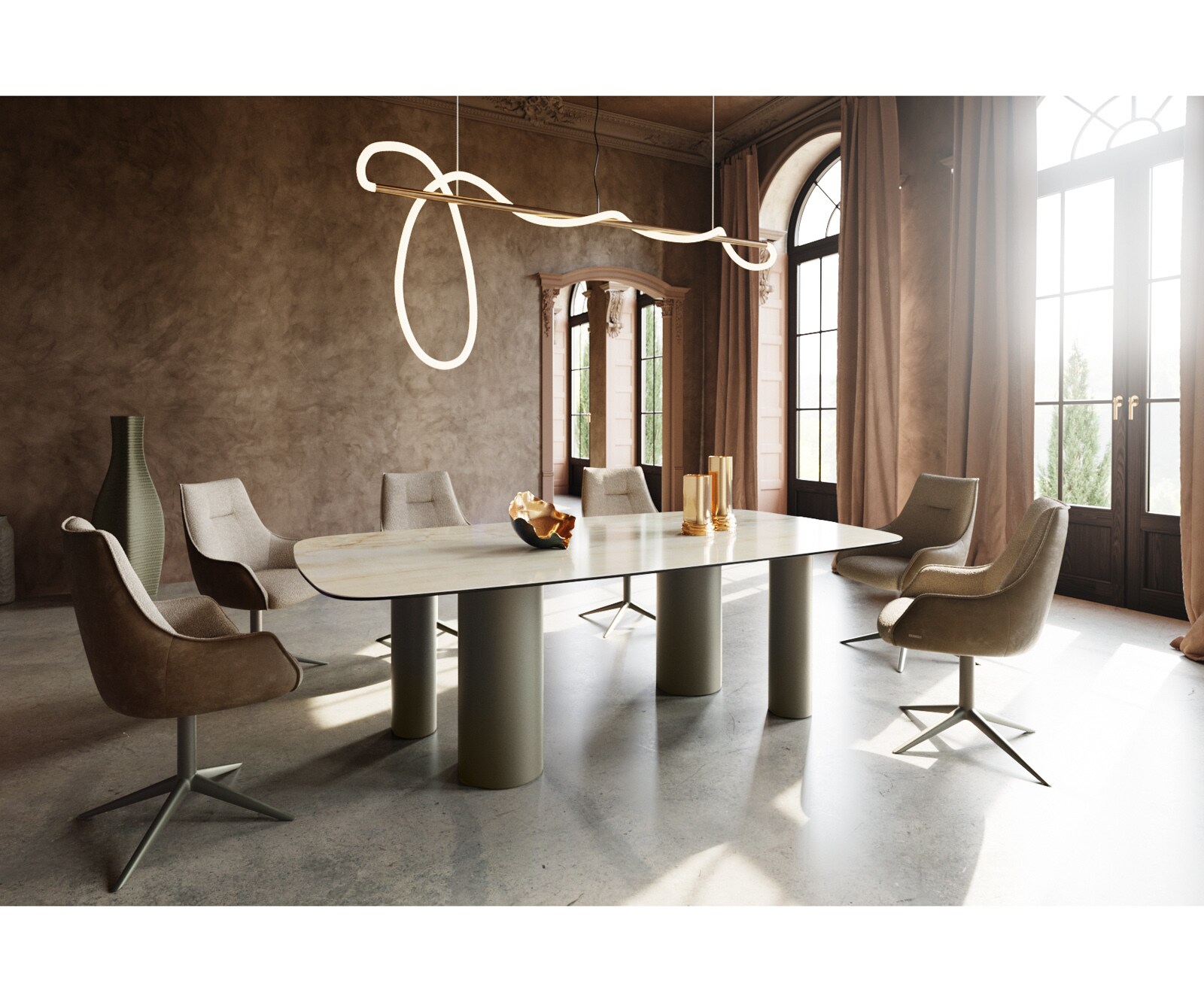 Table à manger Edge Boot 240x120 Céramique Iris FMG Onice Oro Pilier Métal finition à effet Titane 4