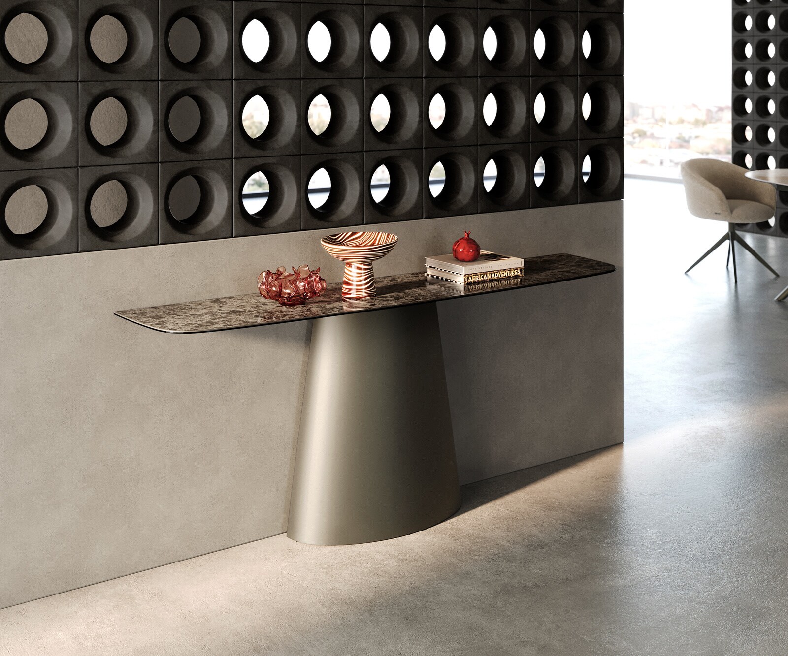 Console Edge forme bateau 180x40 cm Céramique Emperador Extra Lucidato Dunkelbraun Conos Métal Effektfinish Titan