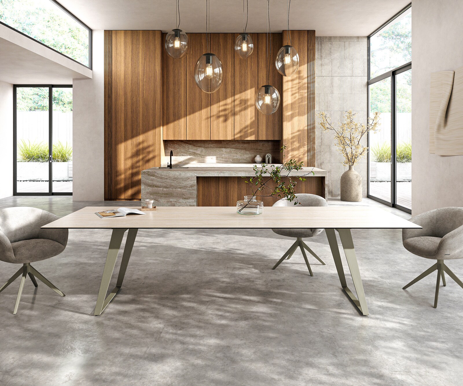 Table à manger Edge 300x100 cm Céramique Laminam®Travertino Bianco Creme-Blanc Métal Oblique Finition effet Titan 2