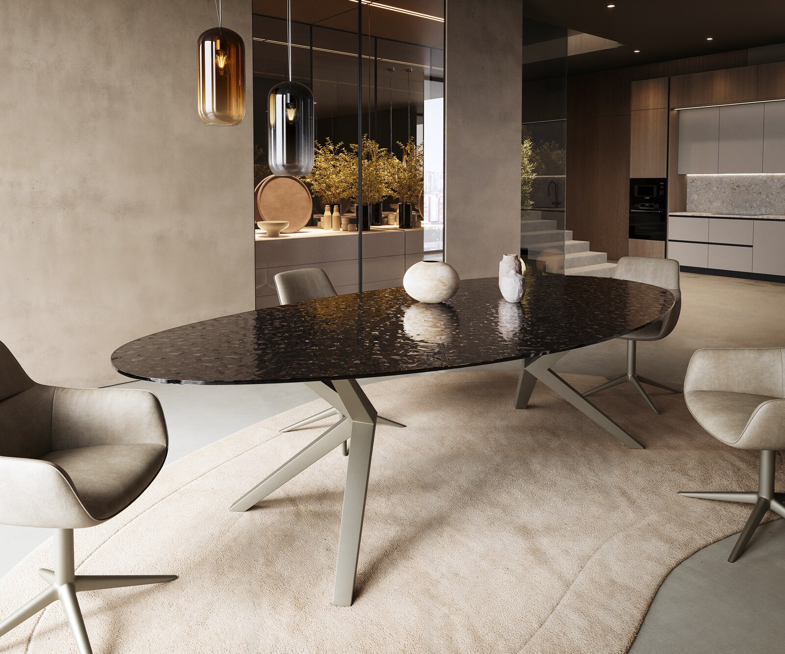 Table à manger Edge Ovale 280x130 Reliefglas RauchNoir 3D-Design Zenthara anguleux Métal finition à effet Titane 2