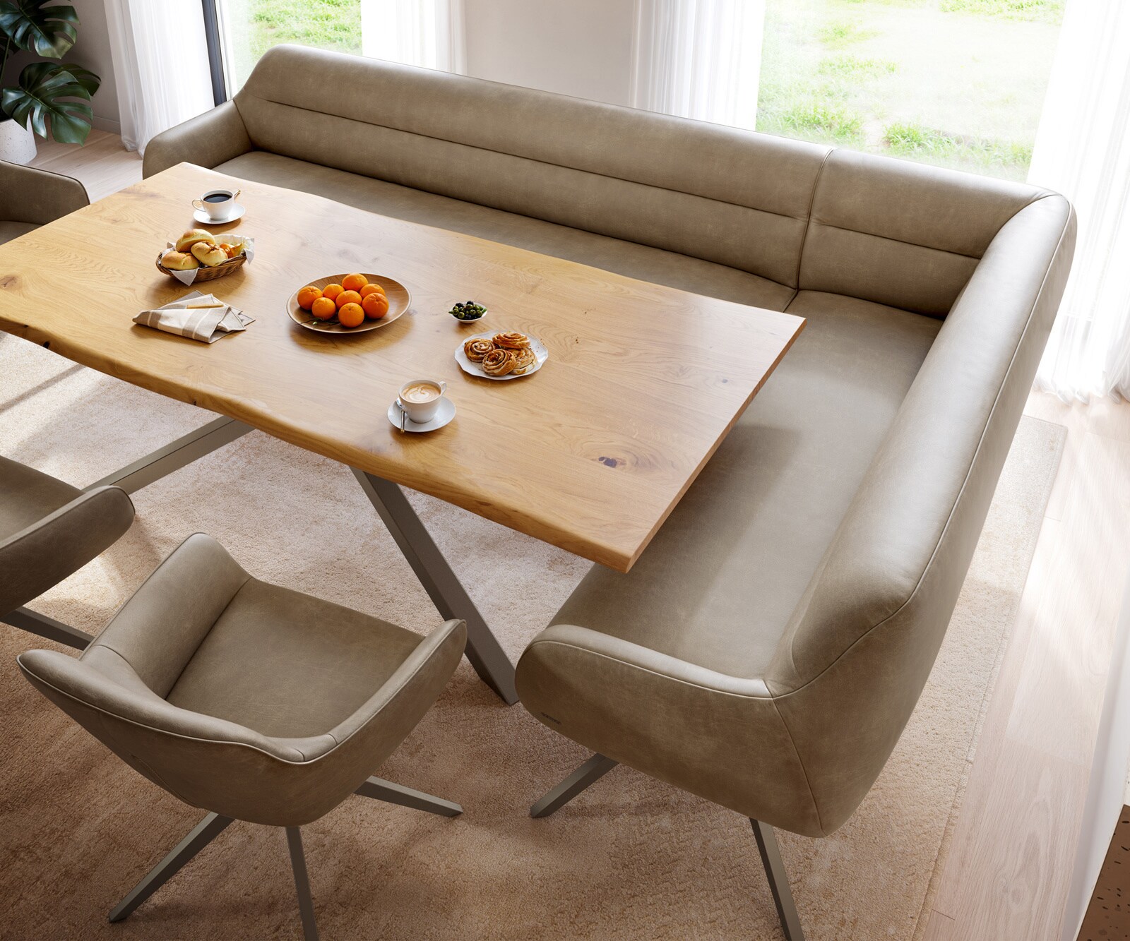 Esszimmerbank Taya-Flex 285x190 cm Mikrofaser Beige Vintage Kreuzgestell kantig Effektfinish Titan Taschenfederkern Links 3