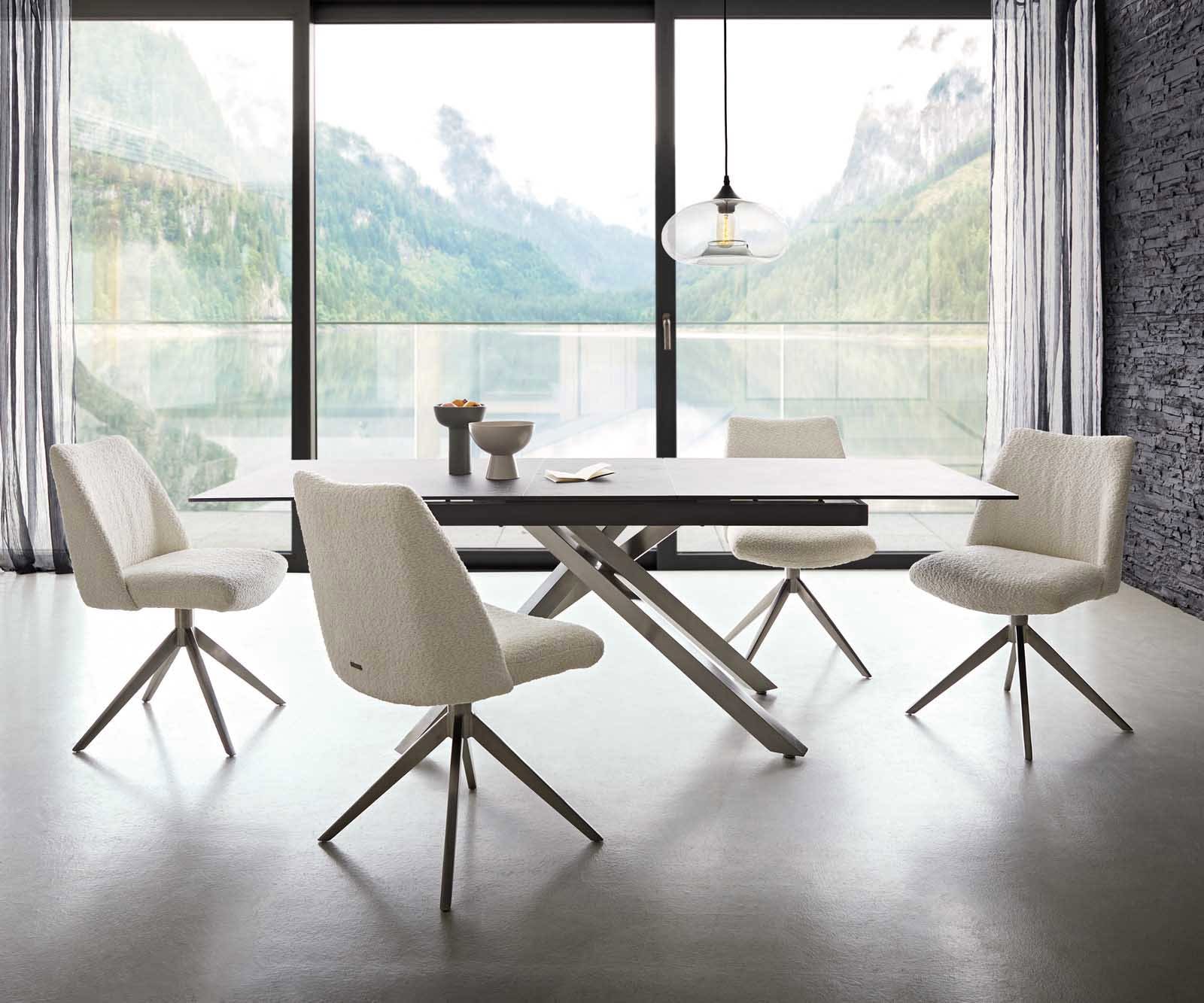 Drehstuhl Elso-Flex Bouclé Weiß Kreuzgestell breit Edelstahl 360° drehbar Taschenfederkern 5 Drehstuhl Elso-Flex Bouclé Weiß Kreuzgestell breit Edelstahl 360° drehbar Taschenfederkern 5