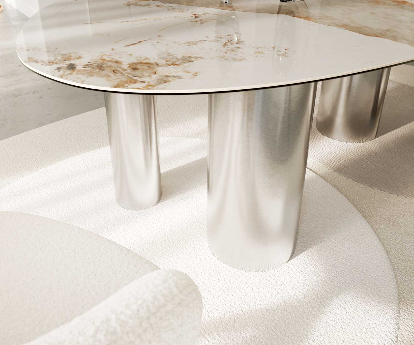 Table à manger Edge Oval 220x120 Céramique Minas Melange Blanc-Beige Pilier Acier inoxydable 6