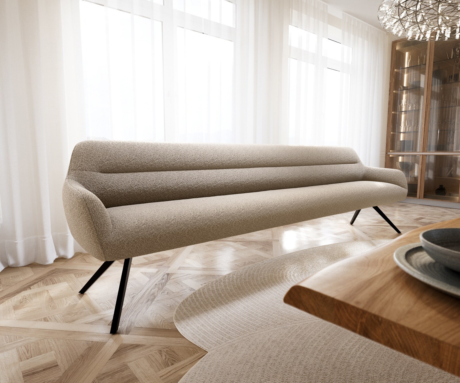 Esszimmerbank Taya-Flex 300 cm Bouclé Schlamm Kreuzgestell kantig Schwarz Taschenfederkern