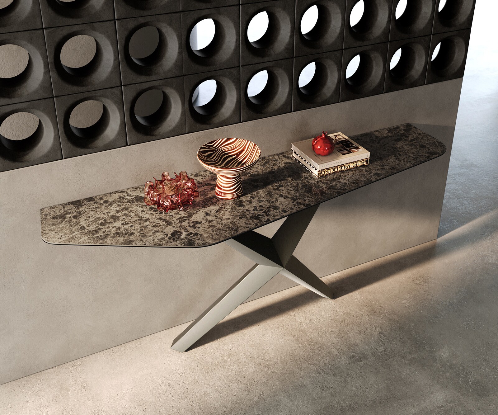 Console Edge Polygonal 180x50 cm Céramique Emperador Extra Lucidato Dunkelbraun Zentharo Métal Effektfinish Titan 1