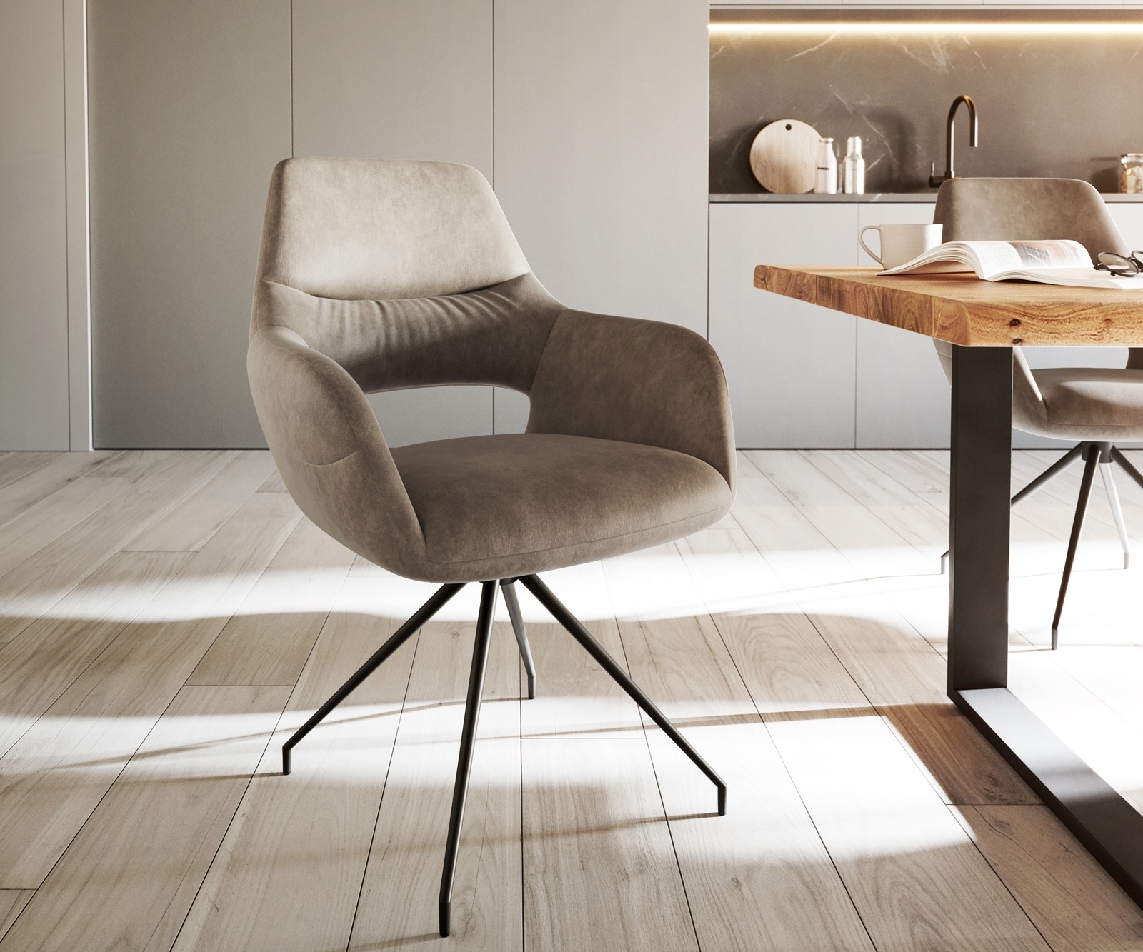 Esszimmerstuhl Yago-Flex mit Armlehnen Mikrofaser Taupe Vintage Kreuzgestell konisch Schwarz Taschenfederkern Esszimmerstuhl Yago-Flex mit Armlehnen Mikrofaser Taupe Vintage Kreuzgestell konisch Schwarz Taschenfederkern