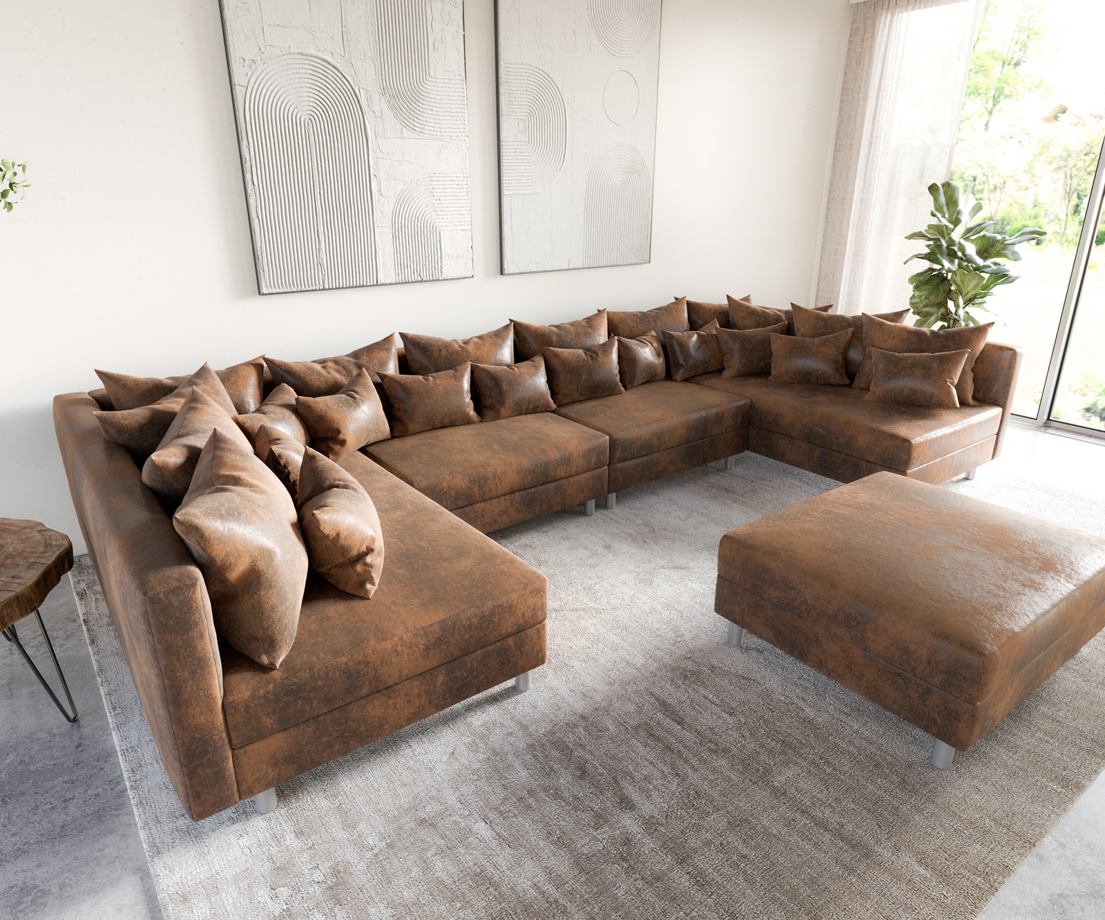 Wohnlandschaft Clovis XL Braun Antik Optik modular Hocker 