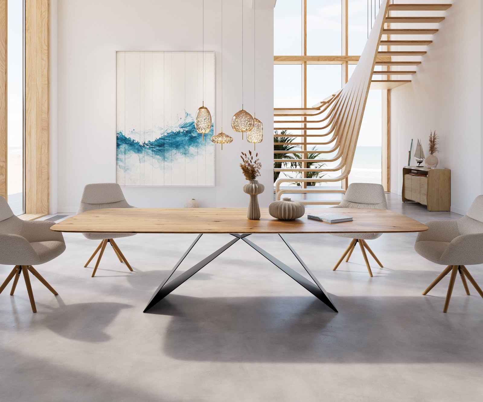 Esstisch Edge Boot 300x120x2,5-3 Eiche Natur V-Gestell Flachstahl Schwarz Schweizer Kante 1 Esstisch Edge Boot 300x120x2,5-3 Eiche Natur V-Gestell Flachstahl Schwarz Schweizer Kante 1