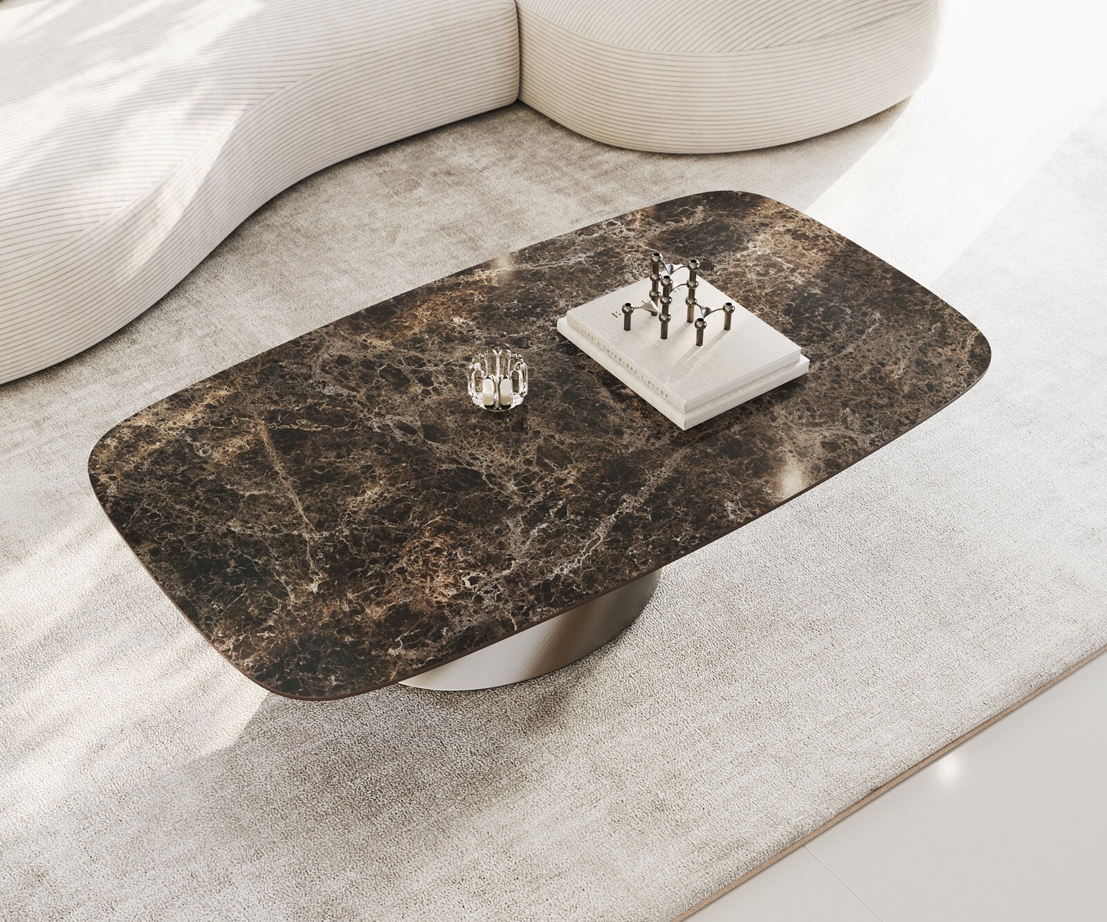 Table basse Edge Boot 140x80 cm céramique Laminam® Emperador Extra Lucidato brun foncé Conis acier inoxydable brossé 4