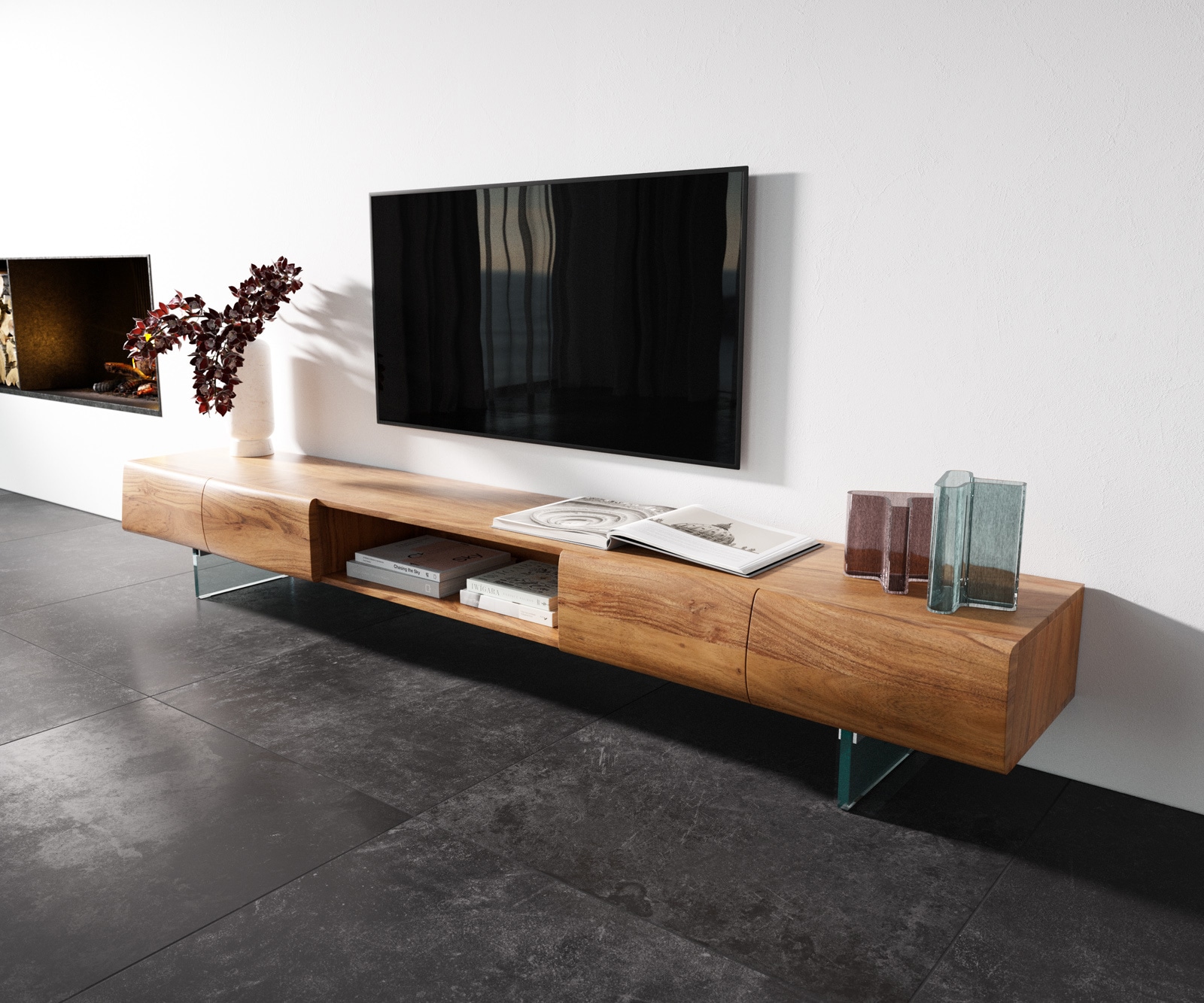Meuble-TV New Live-Edge 240 cm acacia naturel 4 portes 1 compartiment pied en verre Meuble-TV New Live-Edge 240 cm acacia naturel 4 portes 1 compartiment pied en verre