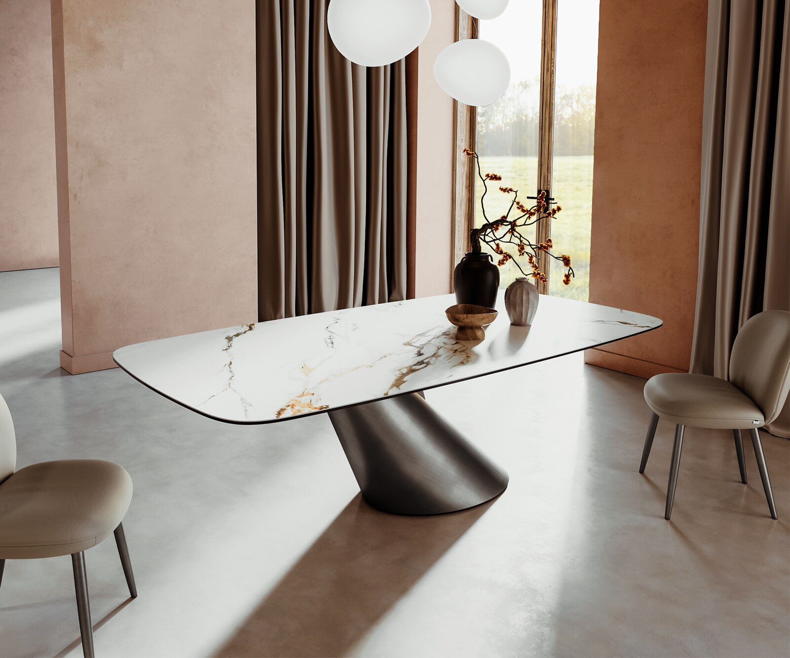 Table à manger Edge Boot 240x120 céramique Calacatta Luxe blanc-doré-gris Cono métallique argent 1
