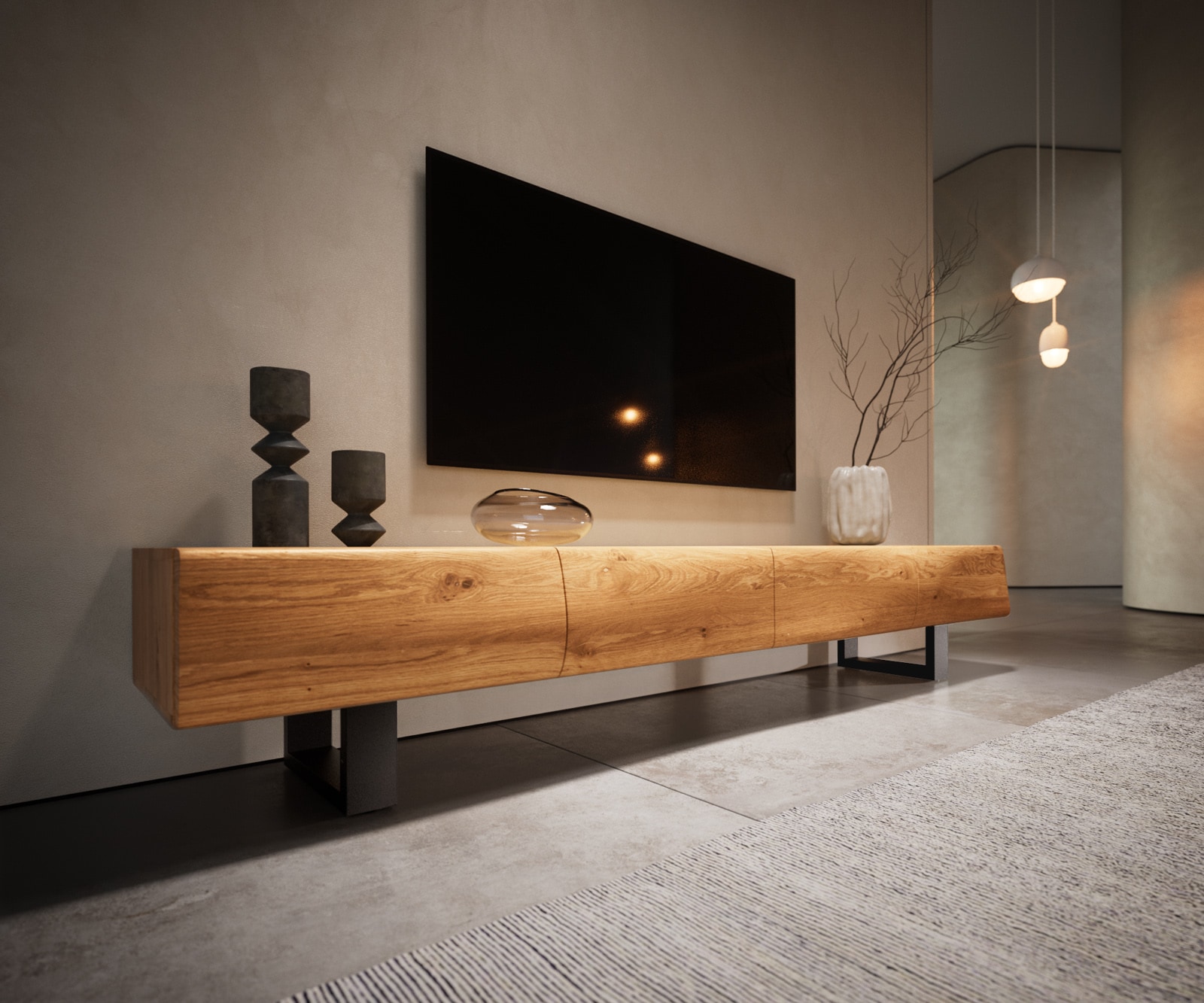 Meuble-TV New Live-Edge 200 cm chêne naturel 4 portes patins métal noir 4 Meuble-TV New Live-Edge 200 cm chêne naturel 4 portes patins métal noir 4