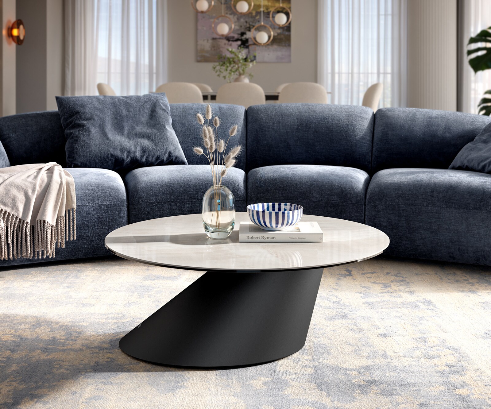 Table basse Edge ronde 90x90 cm céramique Onyx Champagne Conis métal noir 2