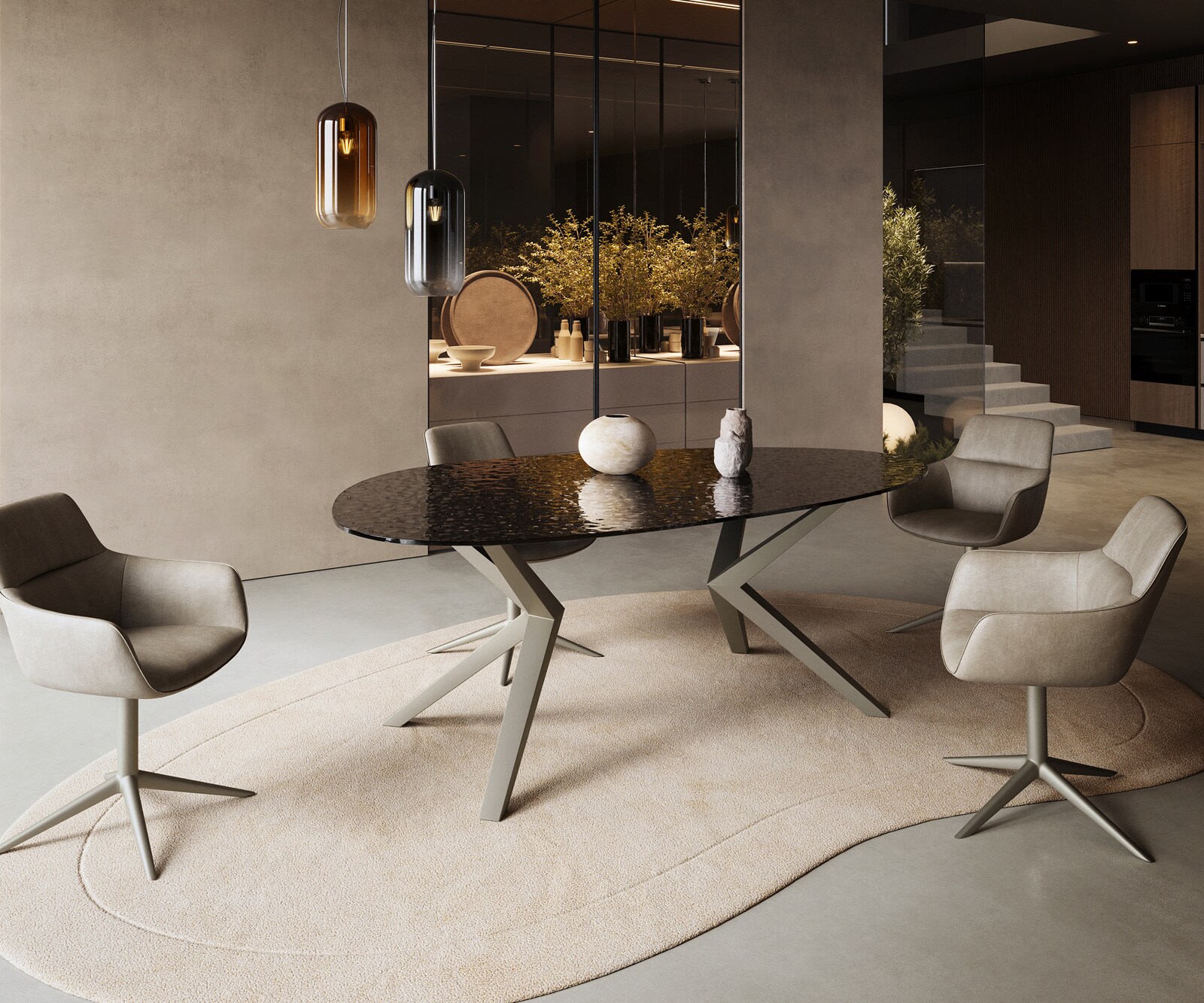 Esstisch Edge Oval 220x120 Reliefglas Rauchschwarz 3D-Design Zenthara kantig Metall Effektfinish Titan 4 Esstisch Edge Oval 220x120 Reliefglas Rauchschwarz 3D-Design Zenthara kantig Metall Effektfinish Titan 4