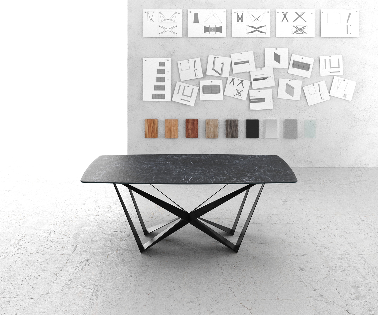 Table-à-manger Edge forme Boot 200x100cm Laminam® céramique gris pieds milieu acier plat noir 1 Table-à-manger Edge forme Boot 200x100cm Laminam® céramique gris pieds milieu acier plat noir 1