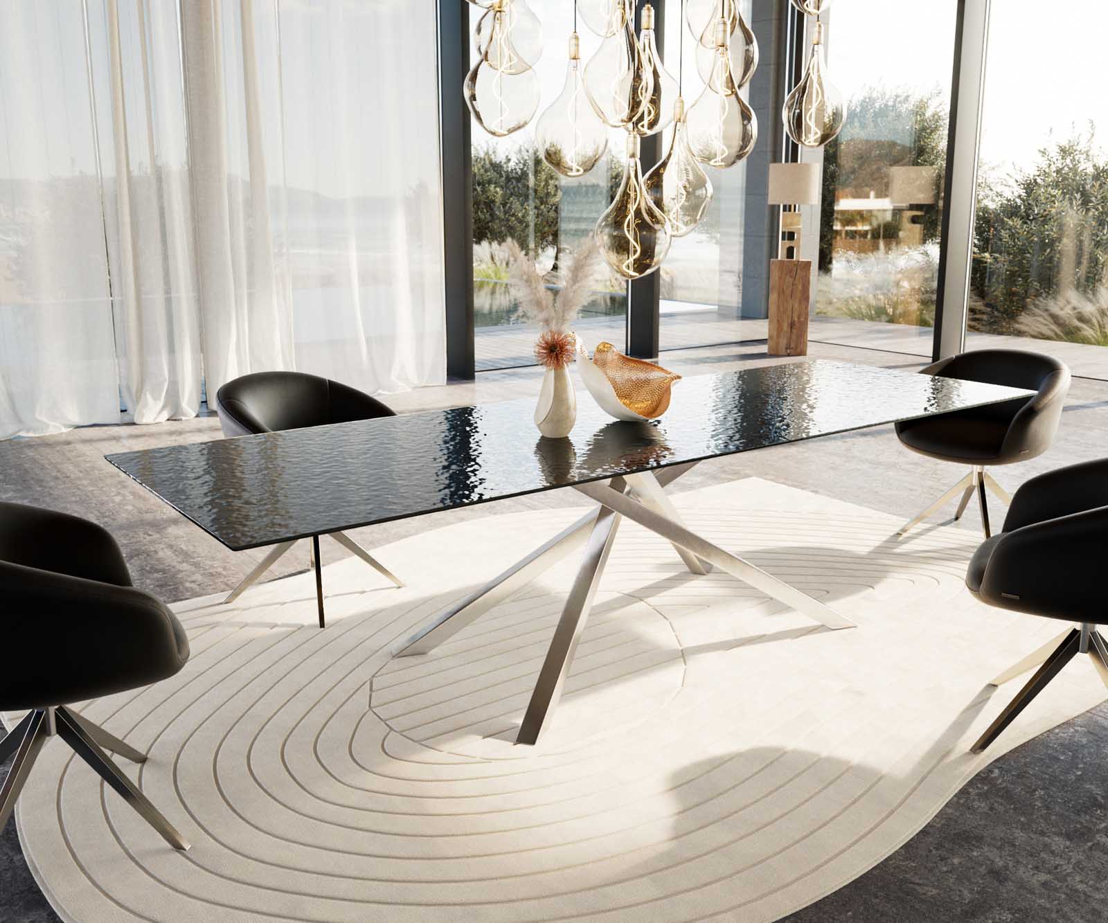 Esstisch Edge 300x100 Reliefglas Rauchschwarz 3D-Design Kreuzgestell Rechteck Edelstahl Esstisch Edge 300x100 Reliefglas Rauchschwarz 3D-Design Kreuzgestell Rechteck Edelstahl