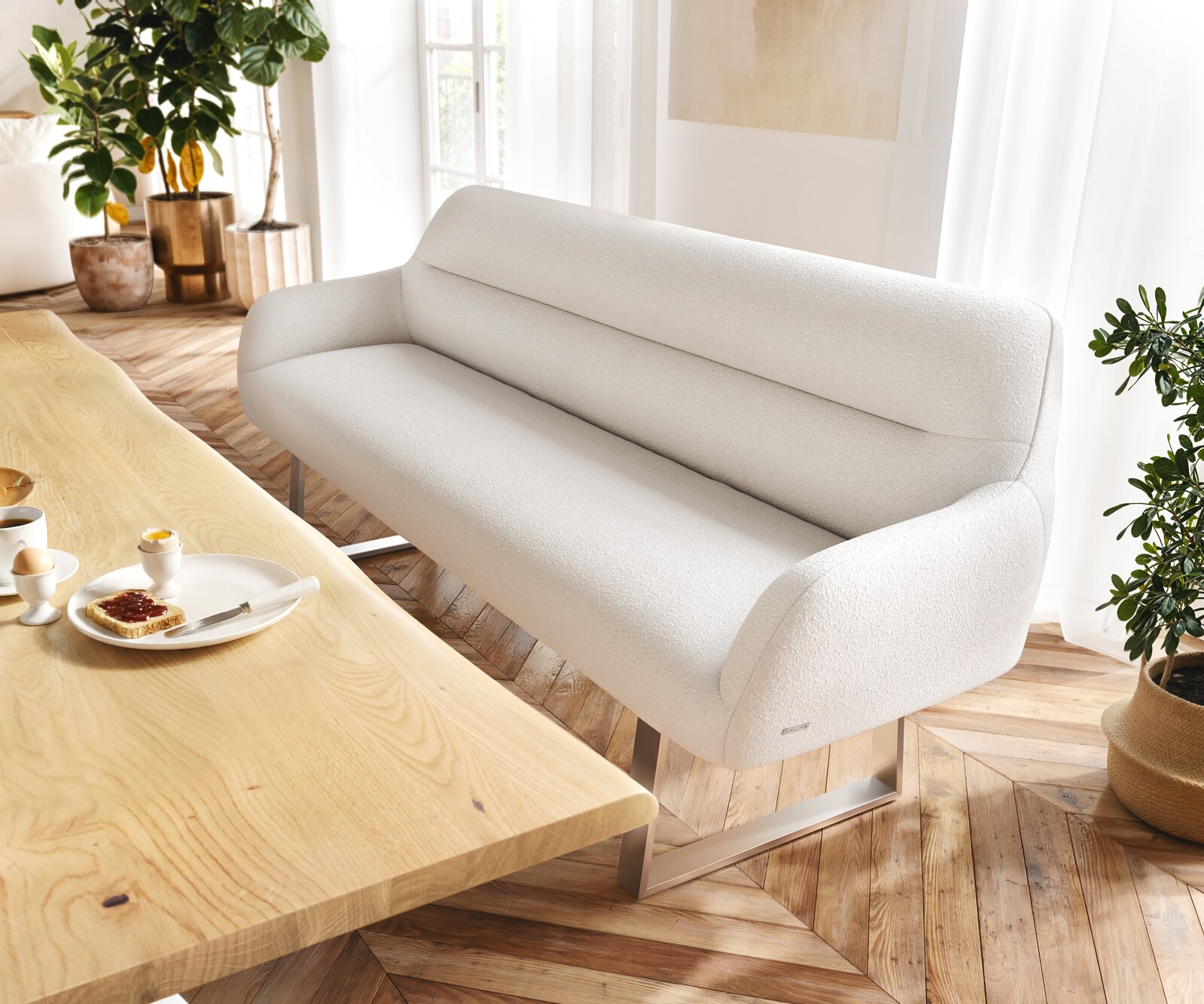 Esszimmerbank Taya-Flex 200 cm Bouclé Creme-Weiß Kufengestell kantig Edelstahl Taschenfederkern