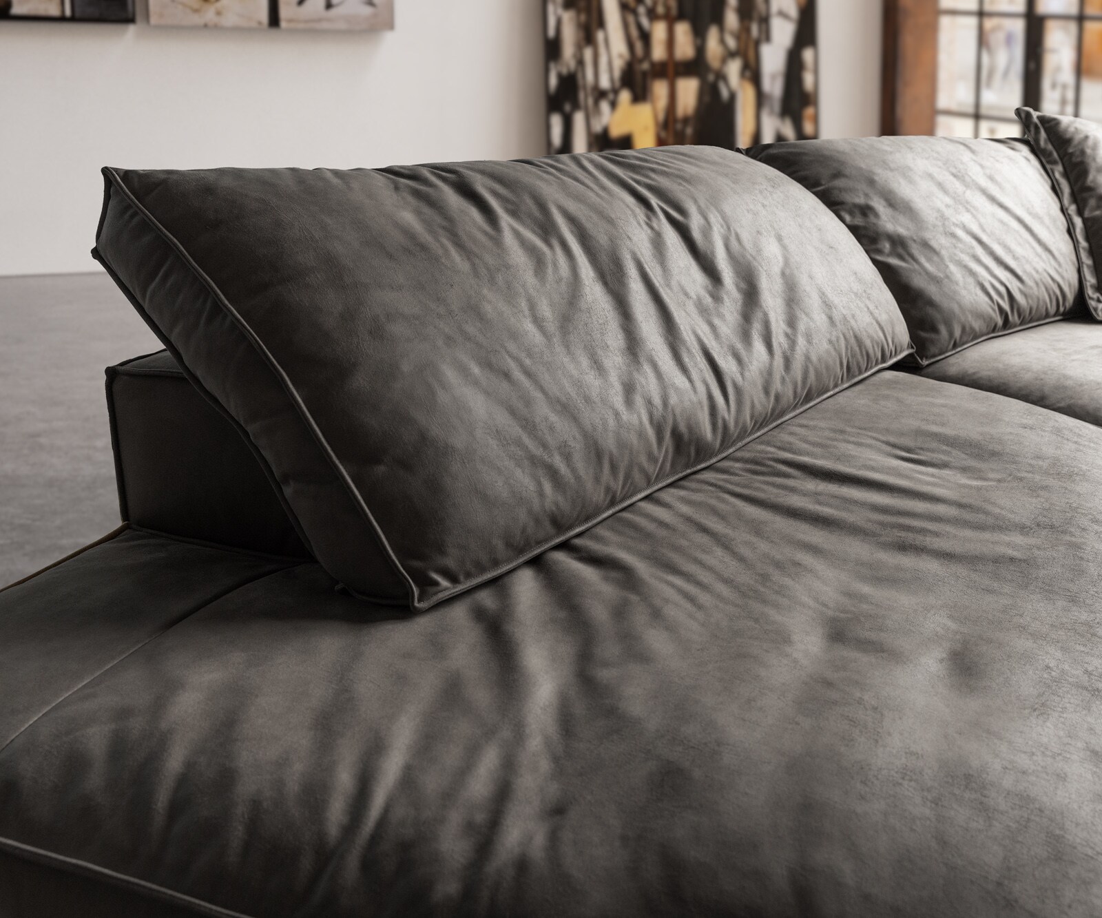 Canapé Snoosh 400x150 cm microfibre noire vintage avec méridienne à gauche 4