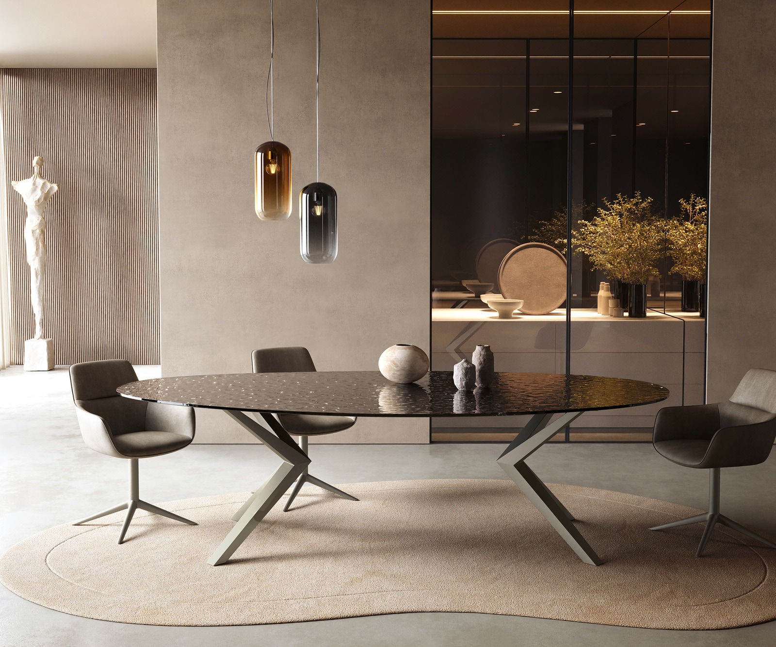 Esstisch Edge Oval 280x130 Reliefglas Rauchschwarz 3D-Design Zenthara kantig Metall Effektfinish Titan 1 Esstisch Edge Oval 280x130 Reliefglas Rauchschwarz 3D-Design Zenthara kantig Metall Effektfinish Titan 1