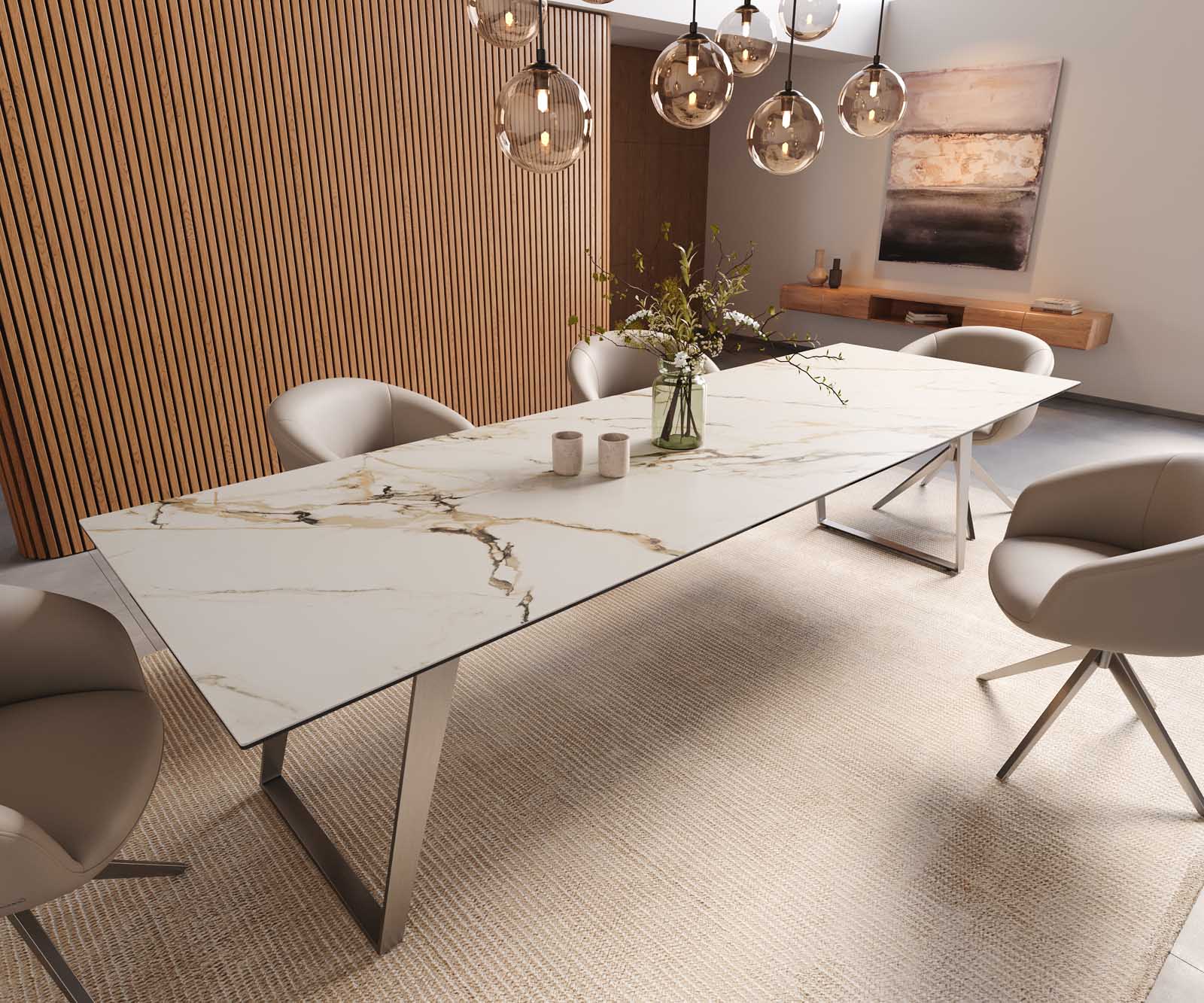 Esstisch Edge 300x100 Keramik Calacatta Luxe Weiß-Gold-Grau Edelstahl Schräg