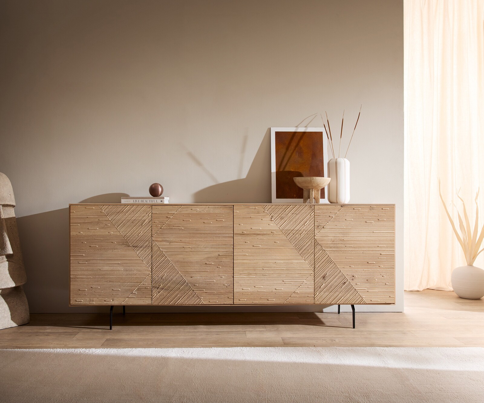 Sideboard Tereos 200 cm Eiche Natur 3D Effekt 4 Türen Winkelfuß Metall Schwarz 3