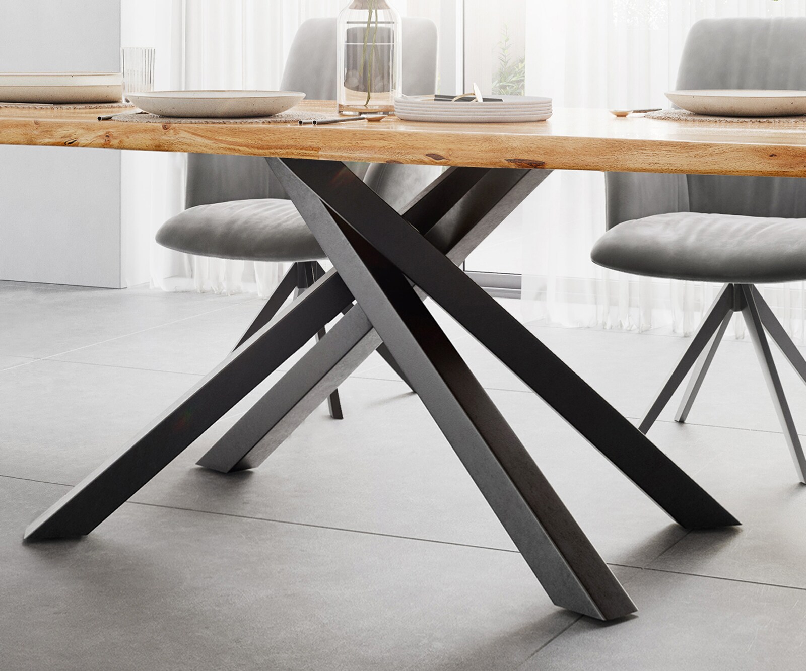 Esstisch Edge 200x100 Akazie Natur Kreuzgestell Rechteck Schwarz Live-Edge 4