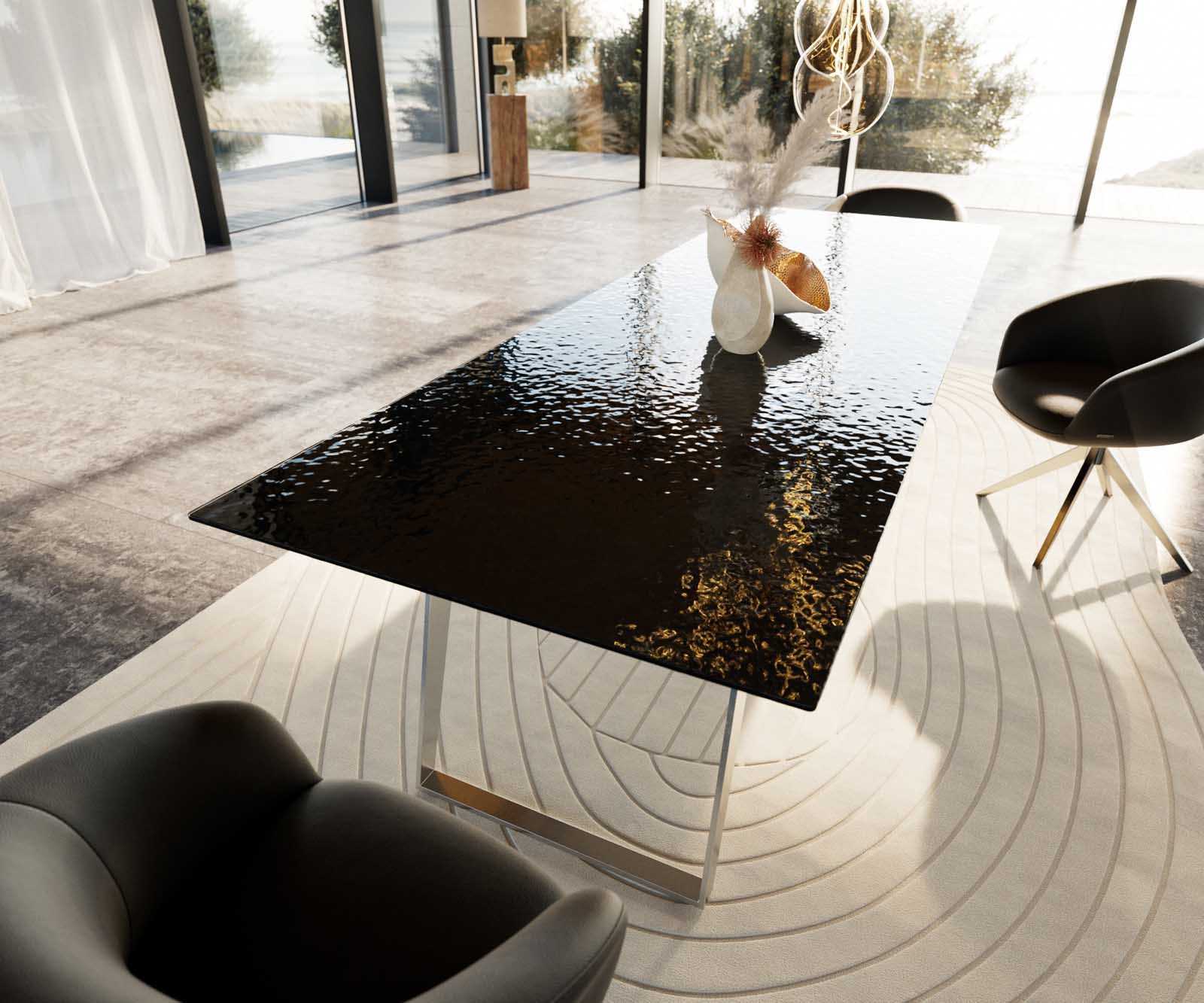 Esstisch Edge 300x100 Reliefglas Rauchschwarz 3D-Design Edelstahl Schräg 7