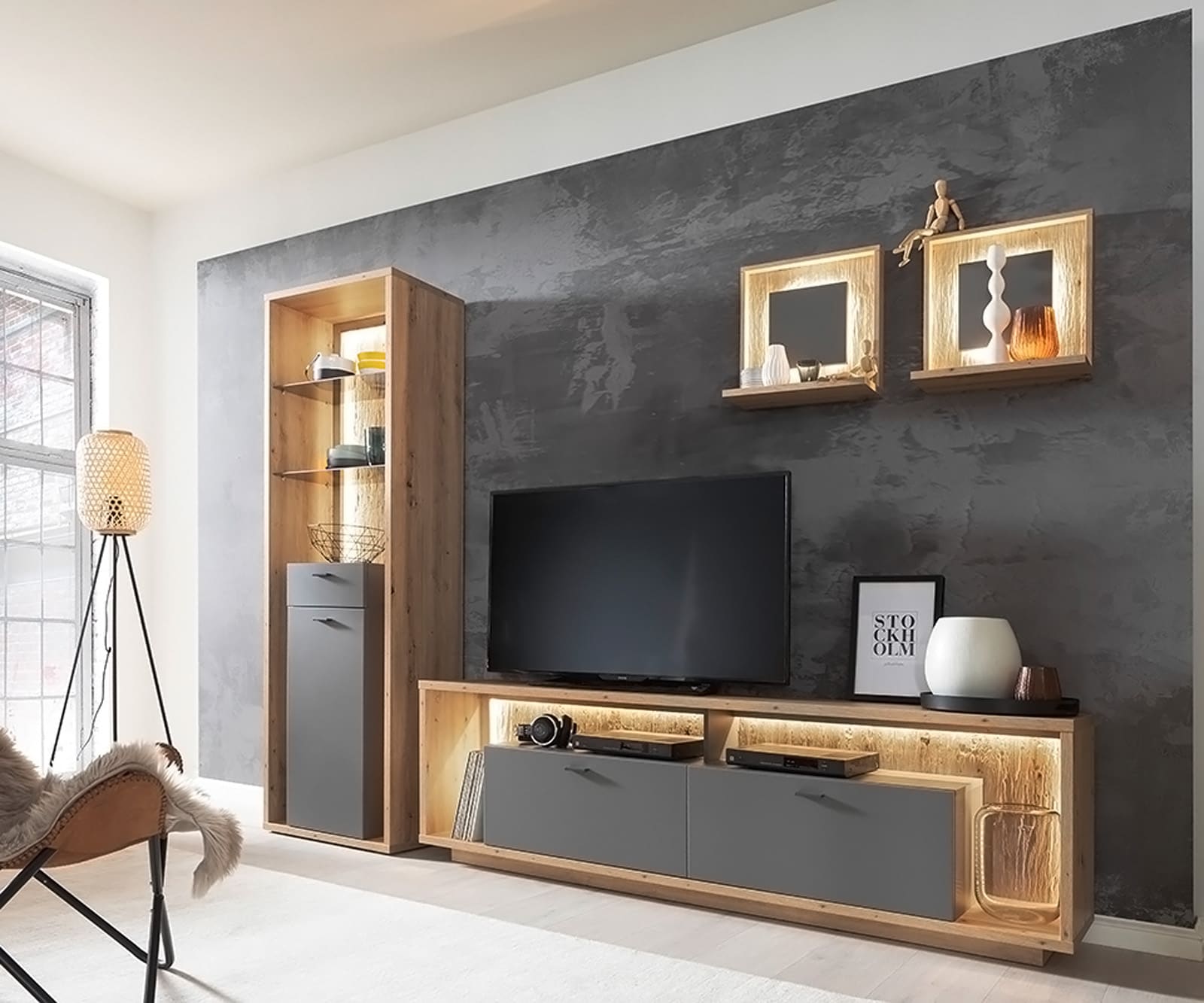 Tableau-mural Lome 45x20 cm chêne optique set de 2 étagères éclairage LED 1 Tableau-mural Lome 45x20 cm chêne optique set de 2 étagères éclairage LED 1
