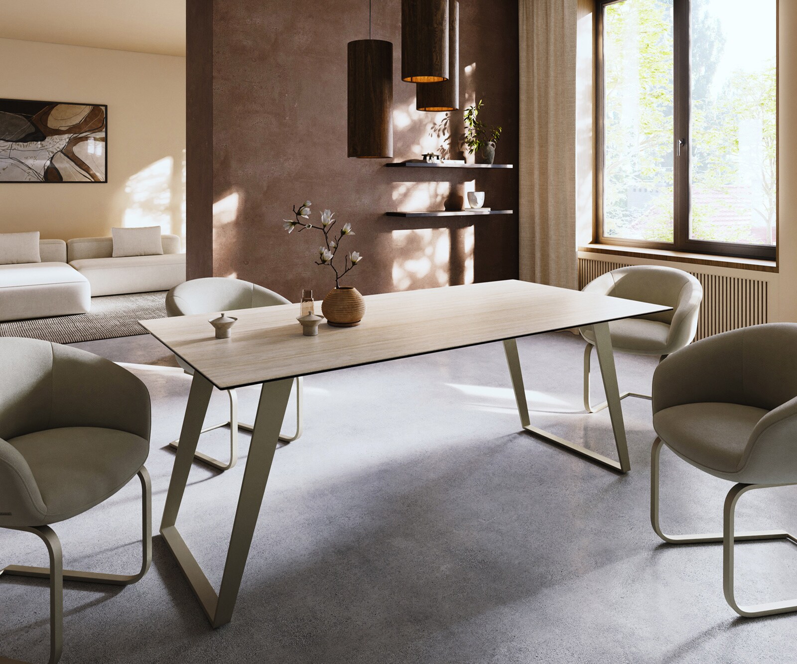 Table à manger Edge 200x100 céramique Laminam® Travertino Bianco crème-blanc métal incliné effet finition titanee 2