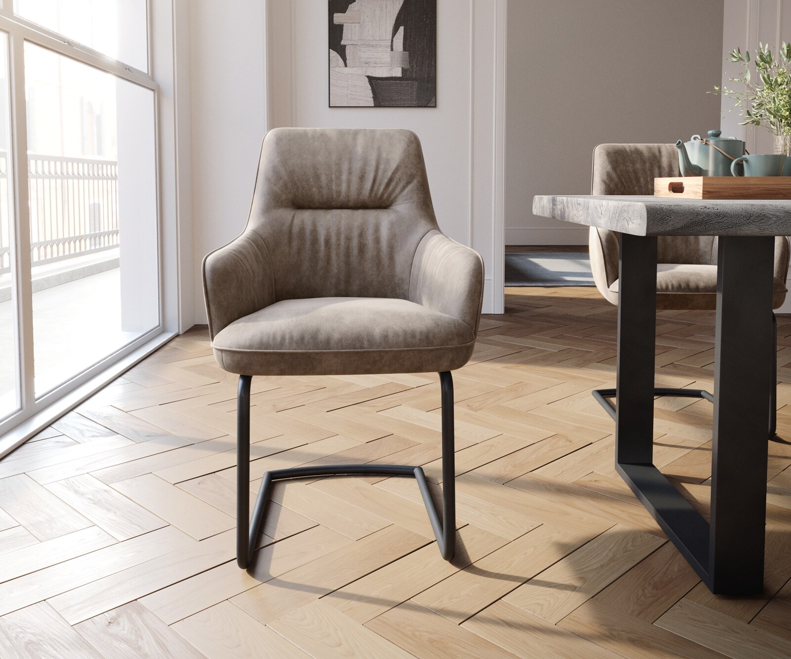 Freischwinger Zelia-Flex mit Armlehnen Mikrofaser Taupe Vintage Freischwinger rund Schwarz Taschenfederkern 2
