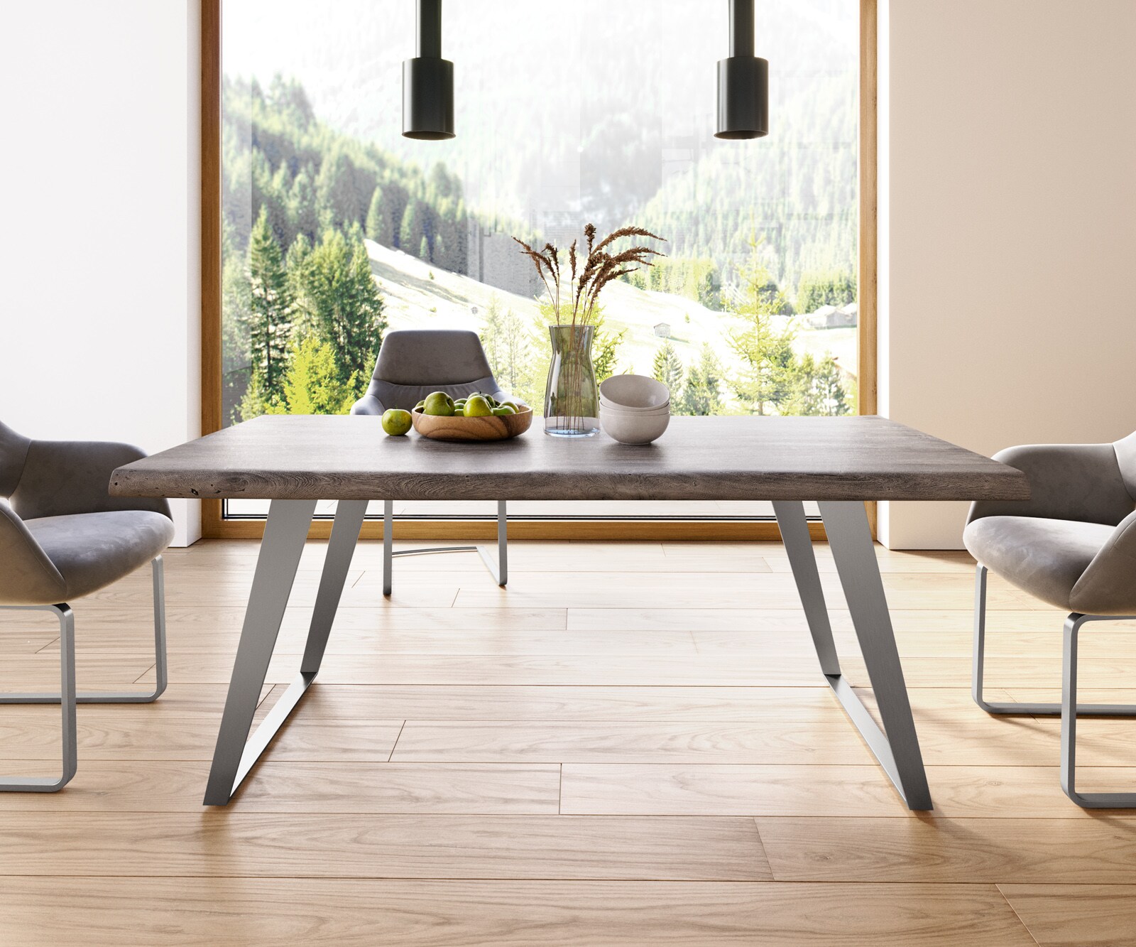 Esstisch Edge 180x90 XL Akazie Platin Metall Schräg Live-Edge 4 Esstisch Edge 180x90 XL Akazie Platin Metall Schräg Live-Edge 4