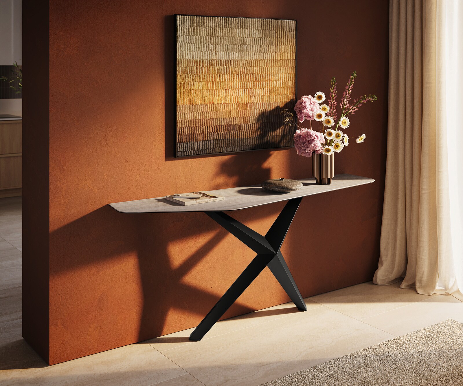 Console Edge Polygonal 180x50 cm Céramique Laminam® Travertino Bianco Creme-Weiß Zentharo Métal Noir 3