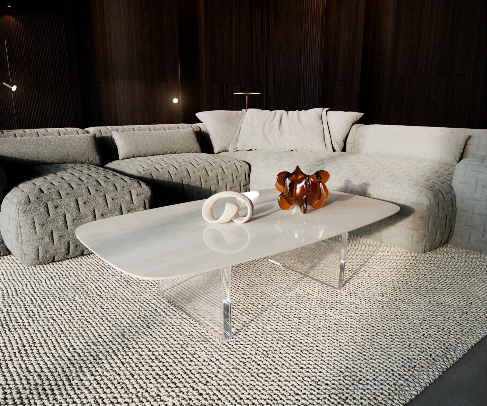 Table basse Edge forme bateau 140x80 cm céramique Onyx Champagne Lumia acrylique