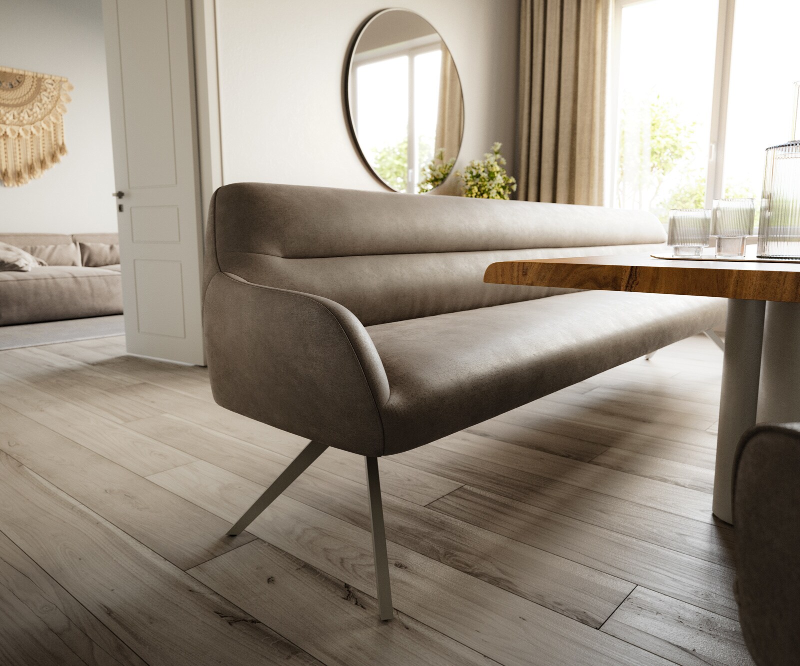 Banc-de-salle-à-manger Taya-Flex 300 cm microfibre taupe vintage pied croisé angulaire titane ressort ensaché 4