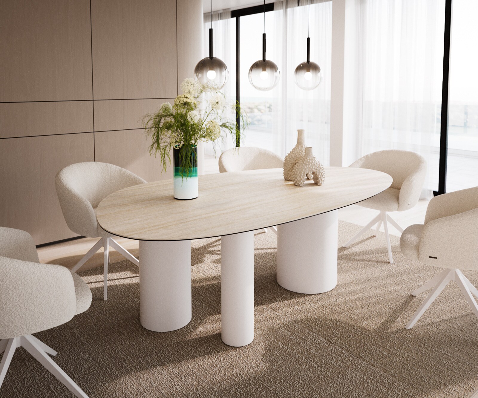 Table à manger Edge ovalee 220x120 céramique Laminam® Travertino Bianco crème-blanc Troa métal blanc