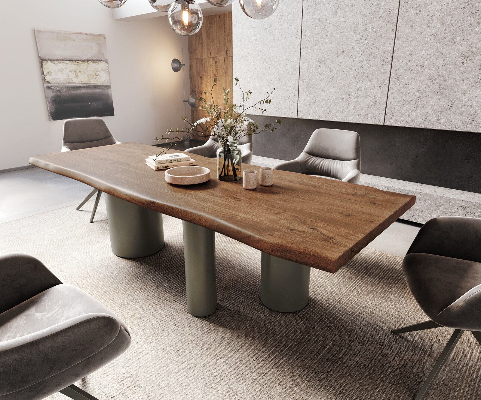 Table à manger Edge 260x100 XL Acacia Marron Troa Métal finition à effet Titane Live-Edge