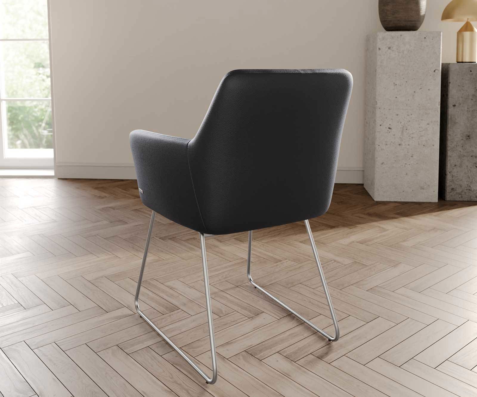 Esszimmerstuhl Xana-Flex mit Armlehnen Echt-Leder Schwarz Kufengestell Edelstahl Taschenfederkern 3 Esszimmerstuhl Xana-Flex mit Armlehnen Echt-Leder Schwarz Kufengestell Edelstahl Taschenfederkern 3