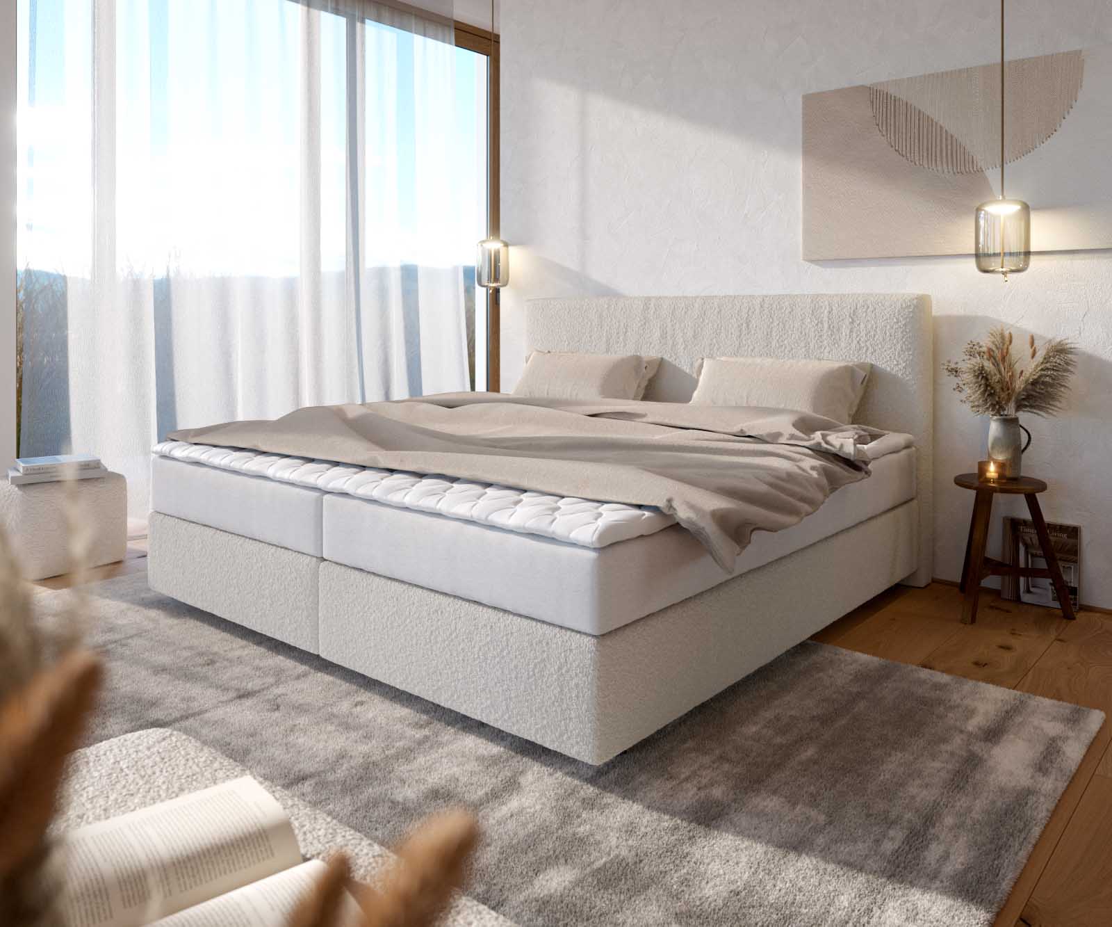 Boxspringbett Dream-Well Bouclé Creme-Weiß 200x200 cm mit Taschenfederkernmatratze und Topper Visco Boxspringbett Dream-Well Bouclé Creme-Weiß 200x200 cm mit Taschenfederkernmatratze und Topper Visco