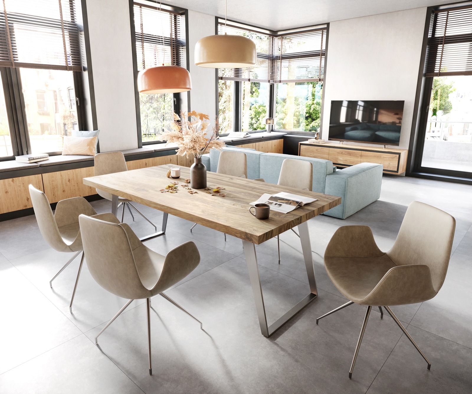 Esszimmerstuhl Ilia-Flex mit Armlehnen Mikrofaser Beige Vintage Kreuzgestell konisch Edelstahl 4 Esszimmerstuhl Ilia-Flex mit Armlehnen Mikrofaser Beige Vintage Kreuzgestell konisch Edelstahl 4