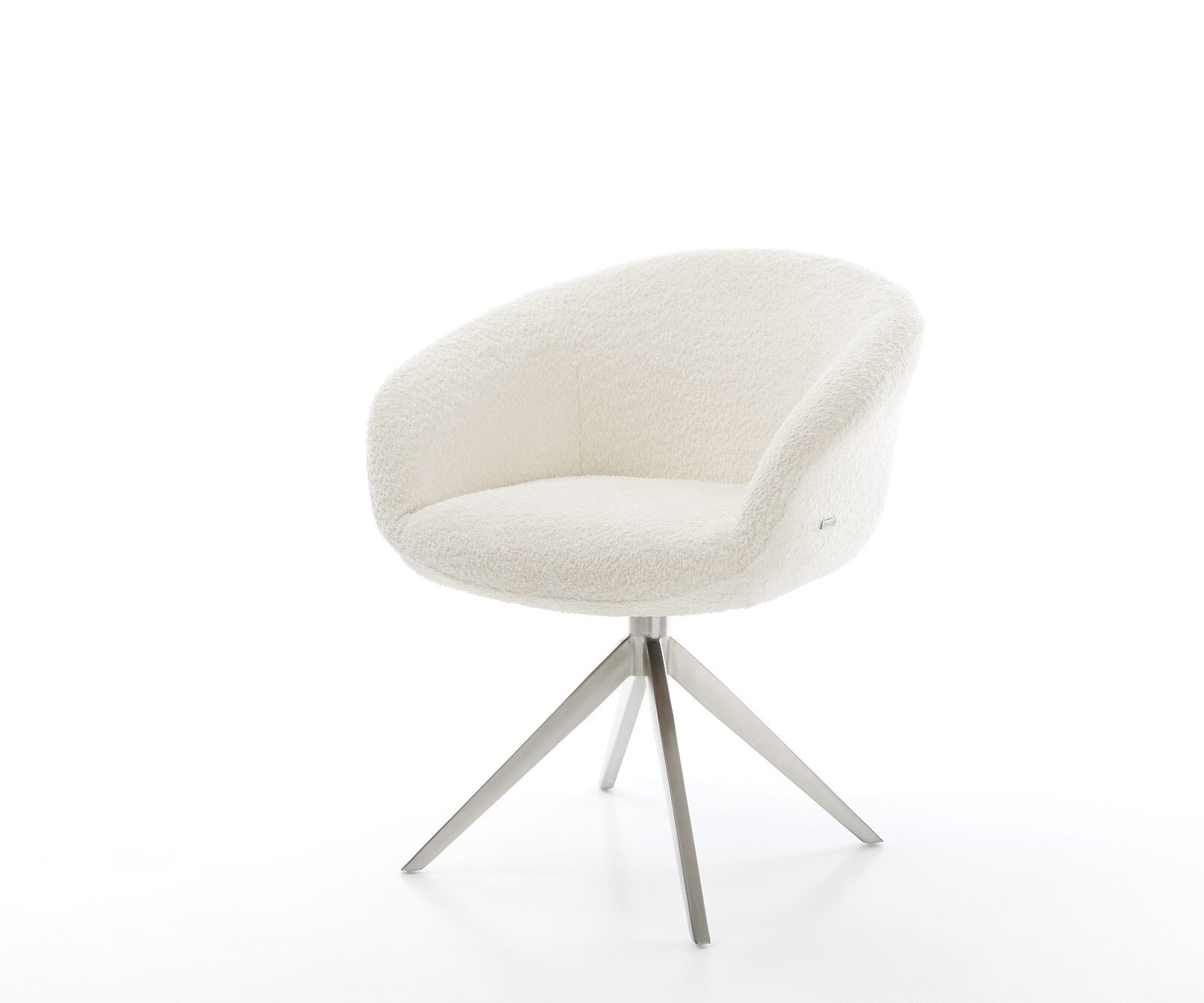 Chaise-pivotante Vinka-Flex bouclé blanc pied croisé large acier inoxydable brossé pivotement sur 360° fonction bascule ressorts ensachés