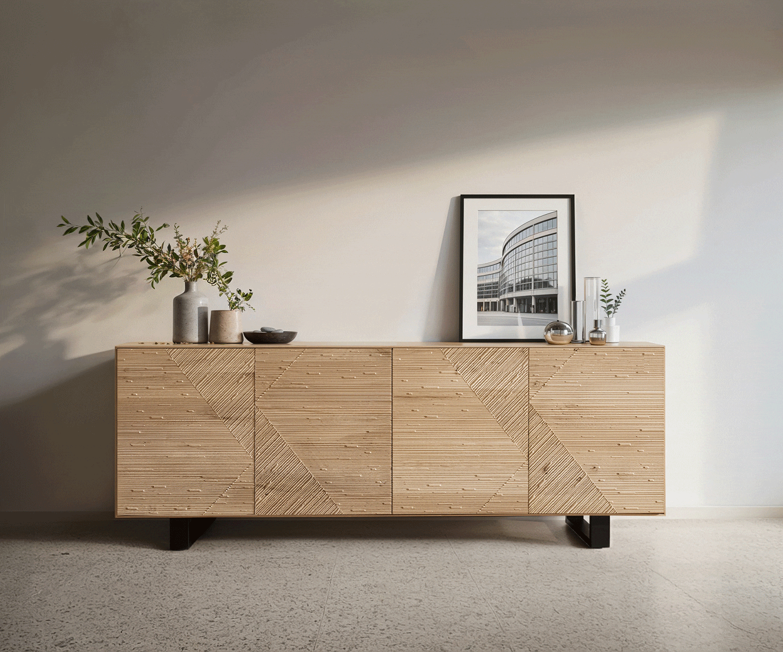 Sideboard Tereos 200 cm Eiche Natur 3D Effekt 4 Türen Kufe Metall Schwarz 5 Sideboard Tereos 200 cm Eiche Natur 3D Effekt 4 Türen Kufe Metall Schwarz 5