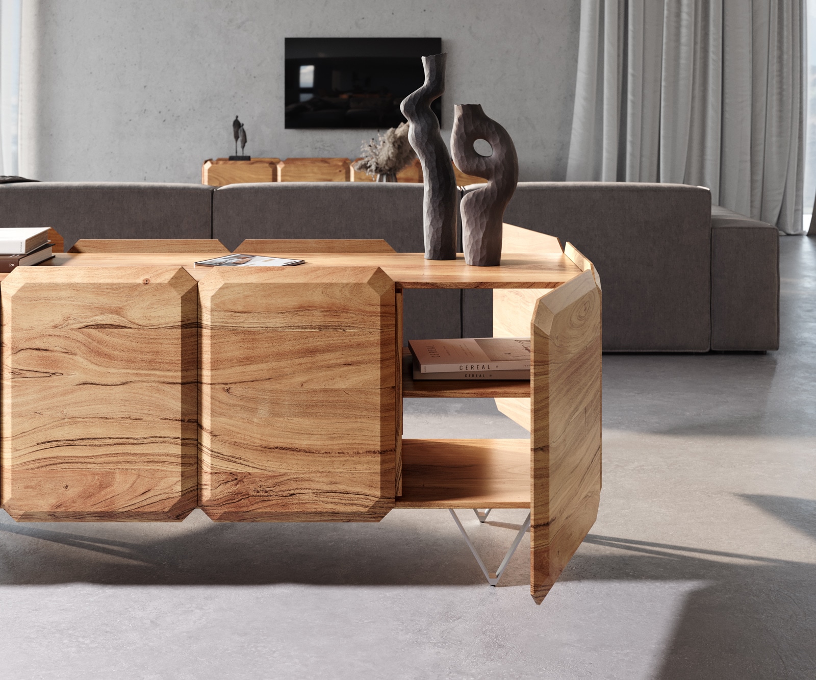 Sideboard Kiano 175 cm Akazie Natur 4 Türen V-Fuß Edelstahl Raumteiler 4 Sideboard Kiano 175 cm Akazie Natur 4 Türen V-Fuß Edelstahl Raumteiler 4