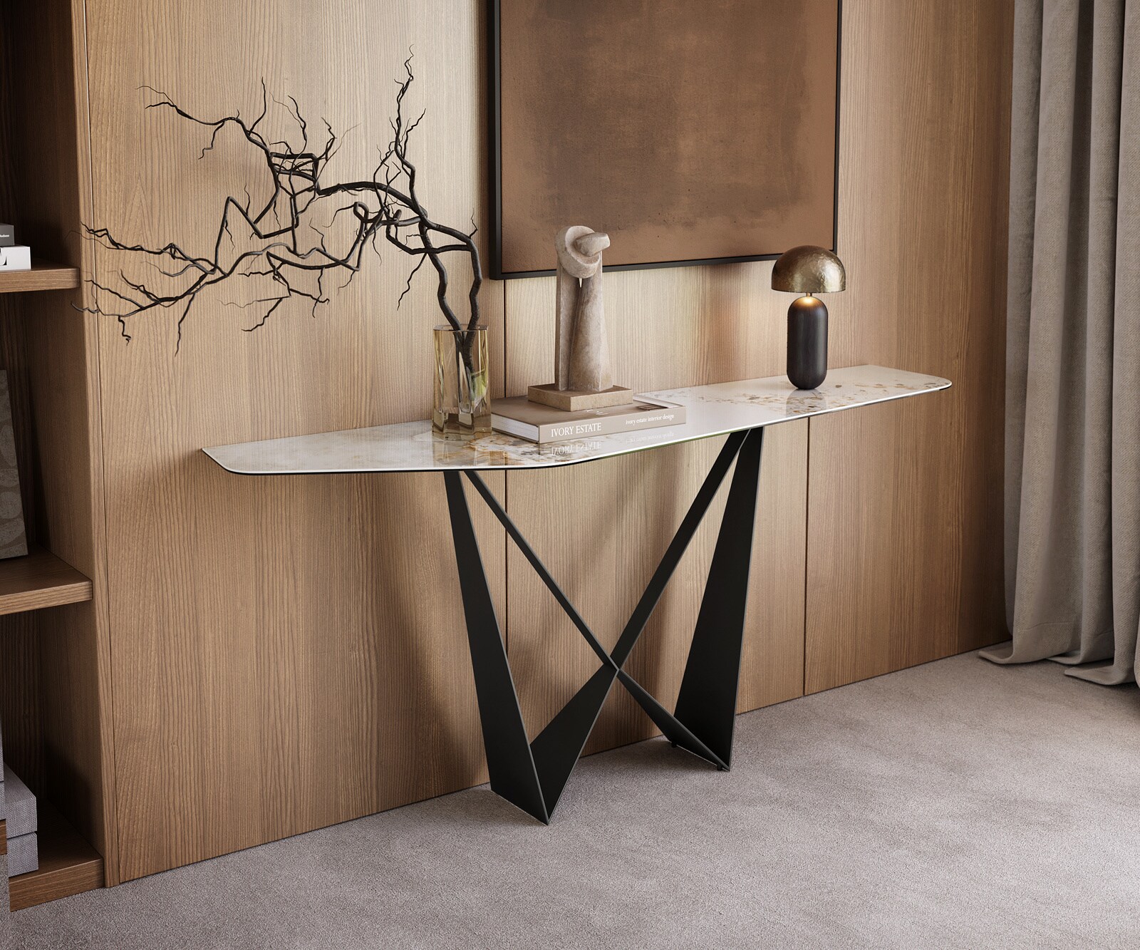 Console Edge Polygonal 180x50 cm Céramique Minas Melange Weiß-Beige Spios Métal Noir 1