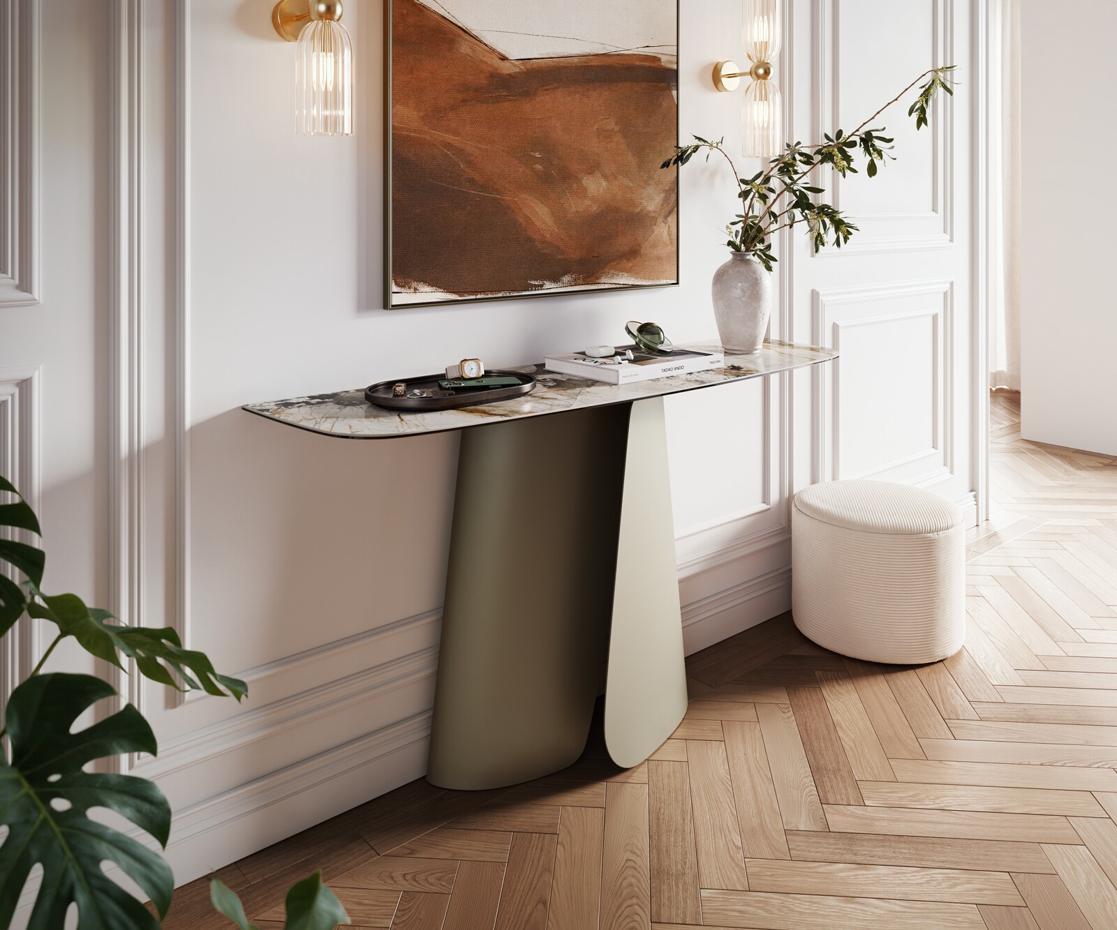 Console Edge forme bateau 140x40 cm Céramique Patagonia Poliert Livos Métal Effektfinish Titan 2