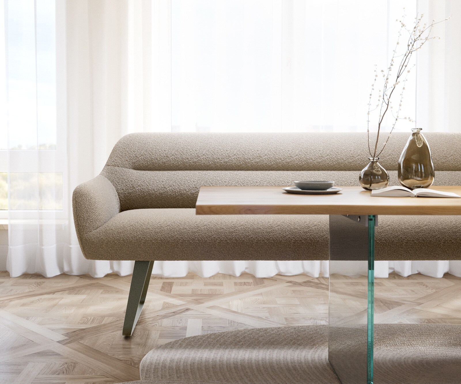 Banc-de-salle-à-manger Taya-Flex 200 cm bouclé boue châssis à patins plat titane ressort ensaché 1