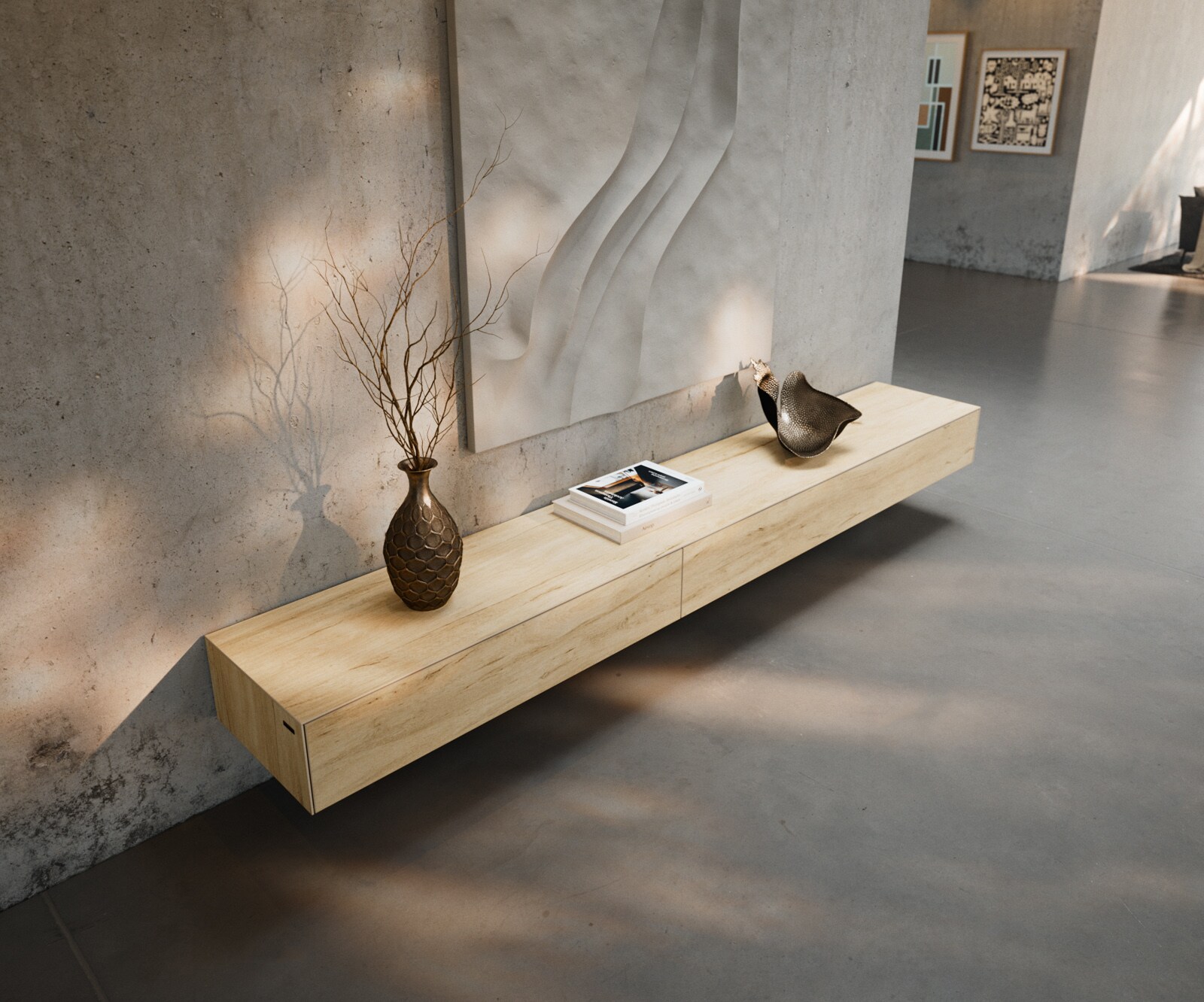 Lowboard Cuor 250 cm Keramik Laminam® Sabbia Eichefarbig 1 Klappe 1 Schubfach Schwebend 3