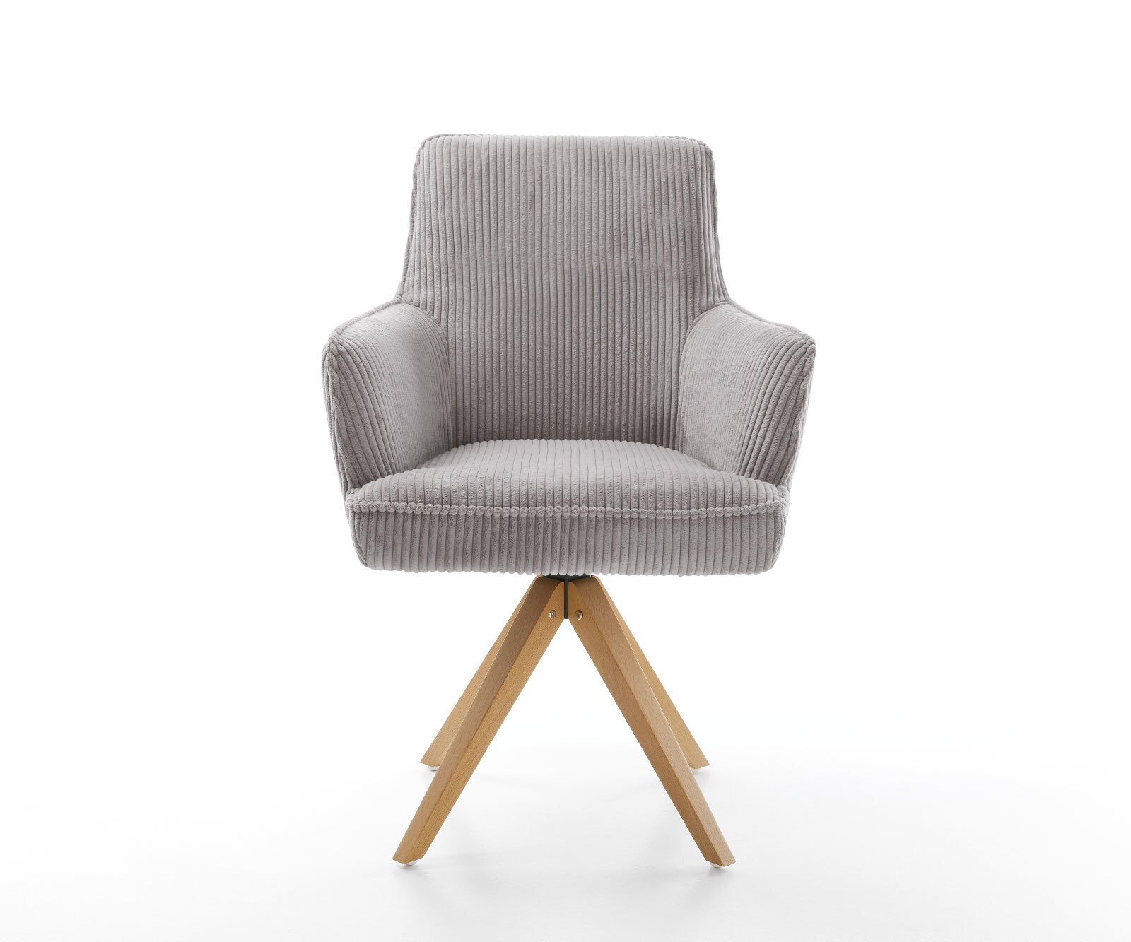 Chaise-pivotante Heira-Flex avec accoudoirs côtelé gris argenté pied en bois angulaire naturel pivotement sur 180° ressorts ensachés 1