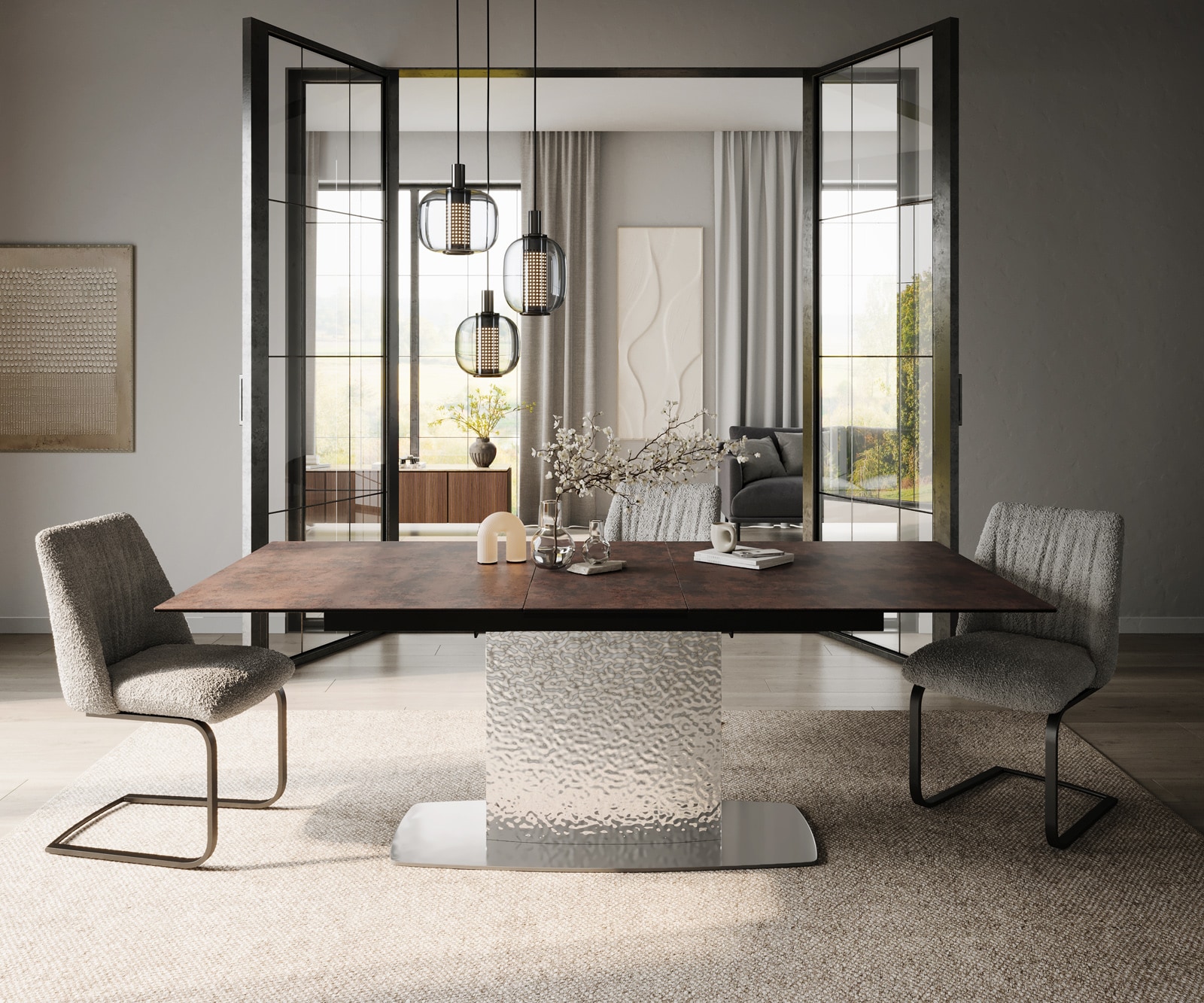 Esstisch Edge 180-220x90 Glas Antique-braun Wave Edelstahl ausziehbar 1 Esstisch Edge 180-220x90 Glas Antique-braun Wave Edelstahl ausziehbar 1