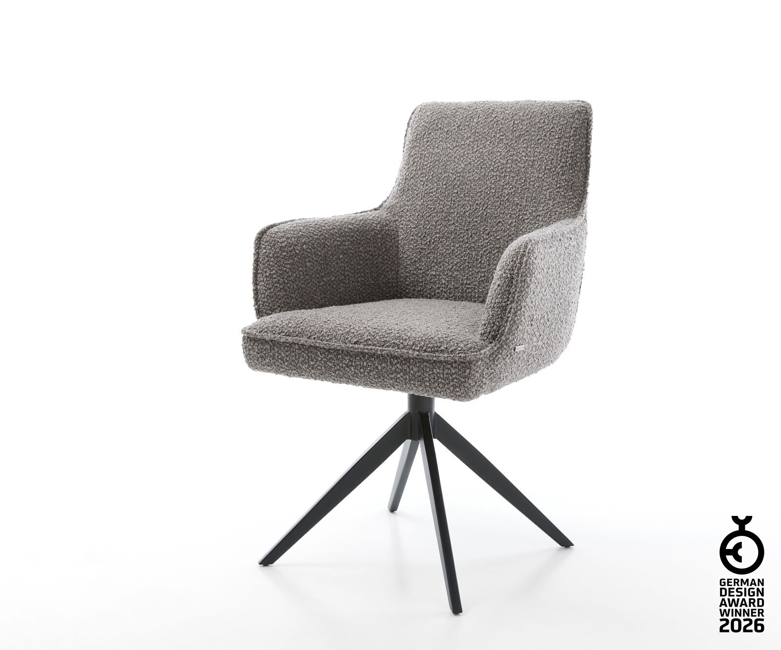 Drehstuhl Heira-Flex mit Armlehnen Bouclé Silbergrau Kreuzgestell breit Schwarz 360° drehbar Wippfunktion Taschenfederkern