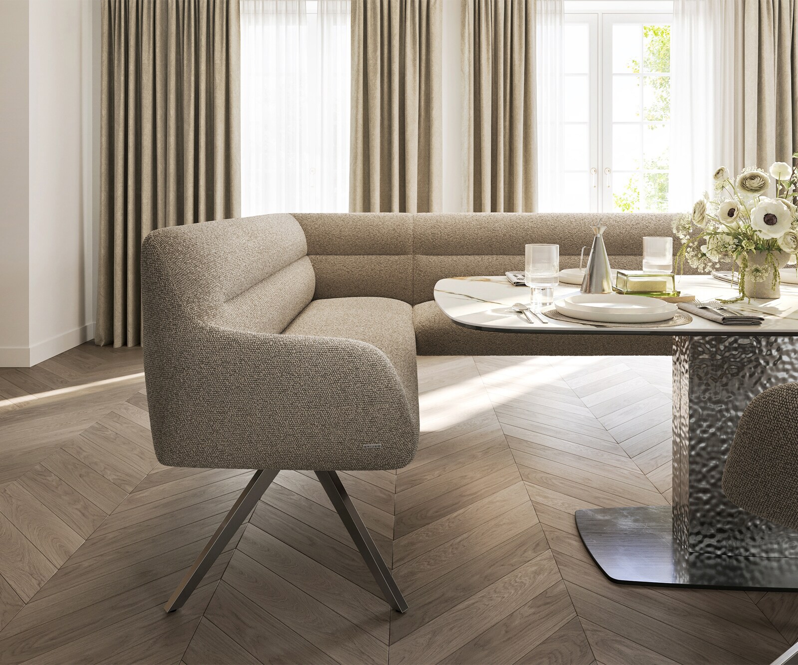 Esszimmerbank Taya-Flex 285x190 cm Bouclé Schlamm Kreuzgestell kantig Edelstahl Taschenfederkern Rechts 4
